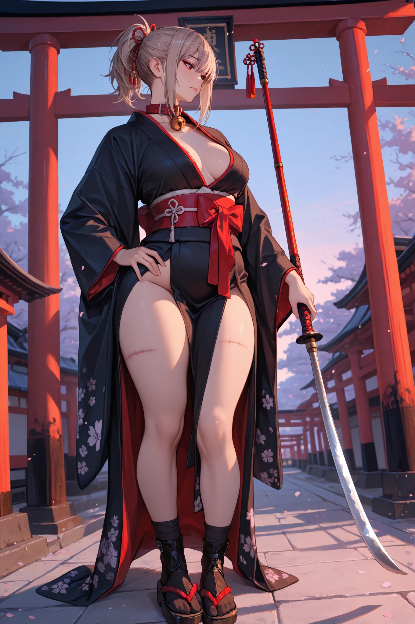 (high quality, 8k, 4K, high contrast, artwork:1.2, high quality, best aesthetics), (dynamic angle), ((1 woman)), erotic, sensual, mature body, super detailed, beautiful face detailed, beautiful eyes detailed, detailed beautiful mouth, sexy body, black hair, short black hair, ponytail hair, red eyes, serious facial expression, women's black ninja kimono with red clouds printed, black fishnet pantyhose, black lipstick, kunoichi, ninja girl, forest, sitting on top of a rock, centered, looking at the viewer.