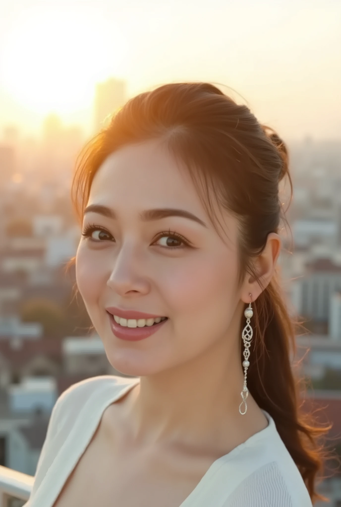 Sunrise rooftop overlooking city skyline, close-up of her face, tied-back hair with long earrings, warm light touching her cheek, looking directly at the camera with a serene, hopeful gaze.
RAW photo, Canon EOS R5, 50mm lens, f/2.2, ISO 100, shutter speed 1/160sec, high angle portrait, 48 year old Japanese mature woman, 8K detail, (Masterpiece: 1.3), (Photorealistic: 1.4)