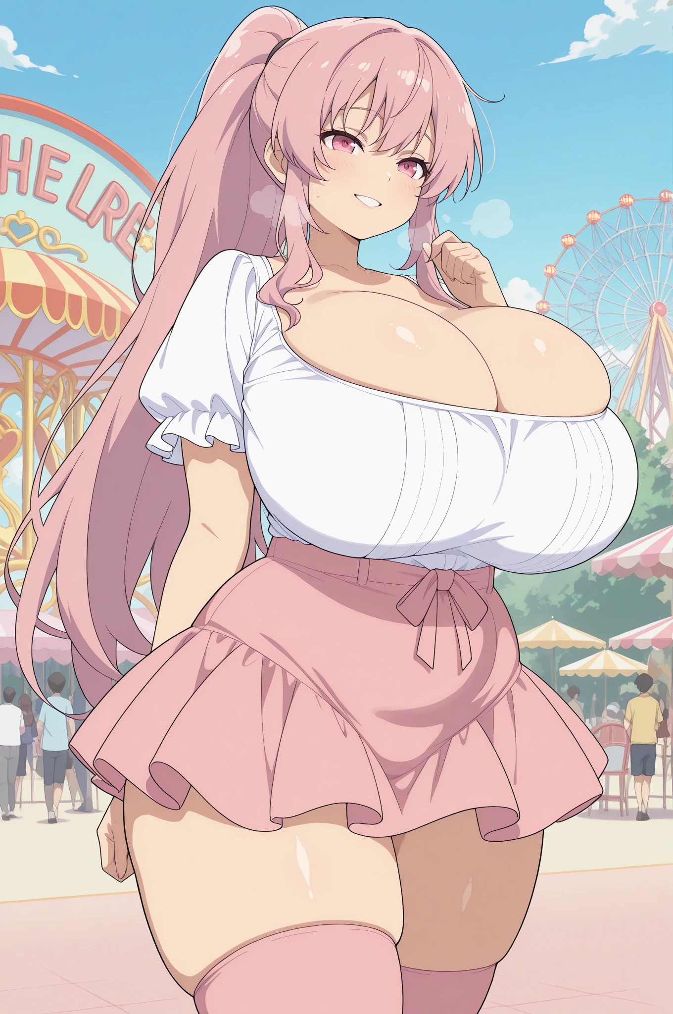 Hentai、High resolution、smile、Pretty Cure、A chubby, big-breasted magical girl with orange hair shows off her sexual appeal at an amusement park on the roof of a high-rise building、A vulgar and obscene frilly dress for a magical girl、Perfect proportions、Cowboy Shot、Sloppy fat、Belly button、Fatty thick legs、Sweaty、Clear eyes