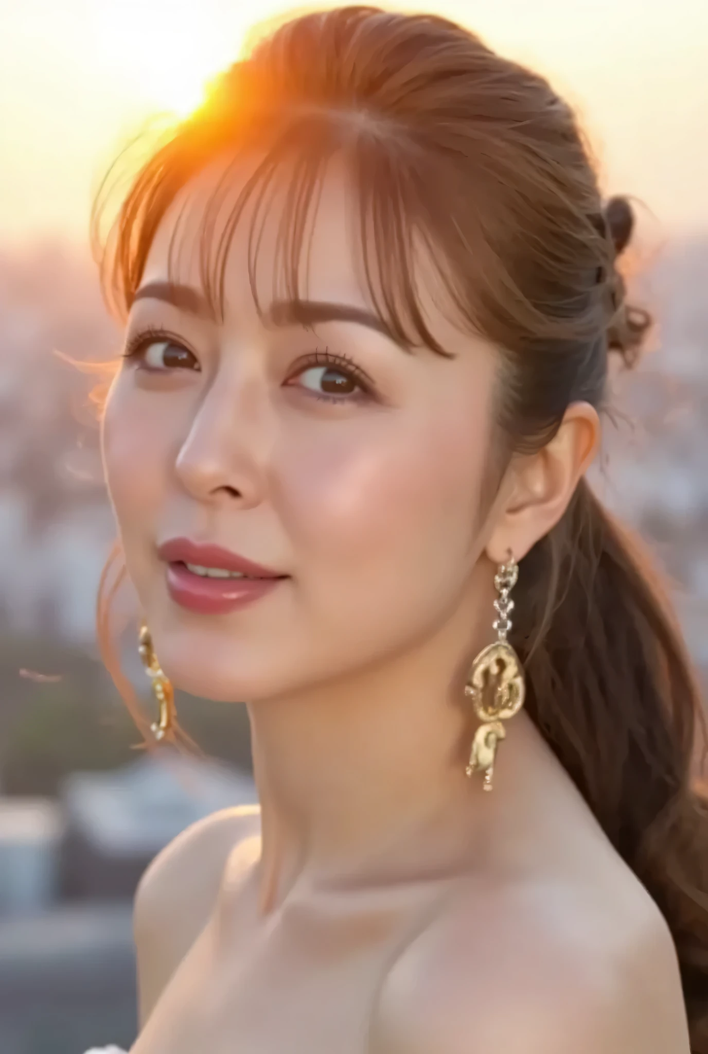 Sunrise rooftop overlooking city skyline, close-up of her face, tied-back hair with long earrings, warm light touching her cheek, looking directly at the camera with a serene, hopeful gaze.
RAW photo, Canon EOS R5, 50mm lens, f/2.2, ISO 100, shutter speed 1/160sec, high angle portrait, 48 year old Japanese mature woman, 8K detail, (Masterpiece: 1.3), (Photorealistic: 1.4)