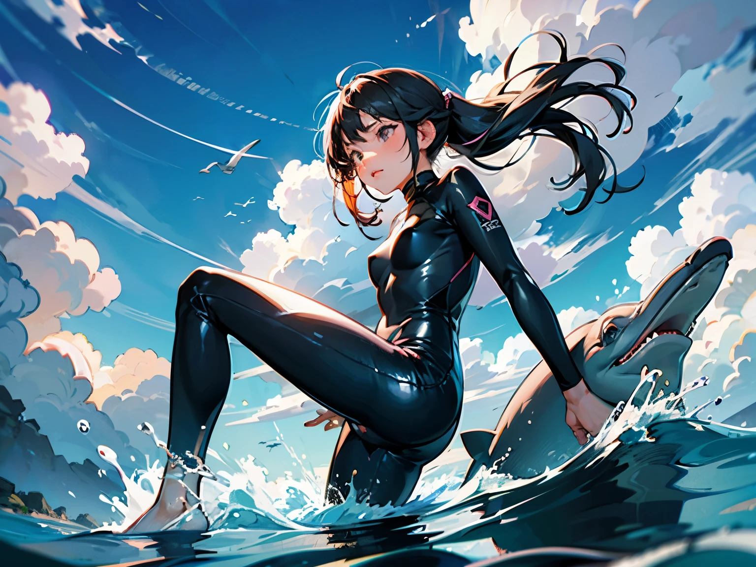 straddles a bottlenose dolphin jumping from the surface of the sea、Girl in a black wetsuit