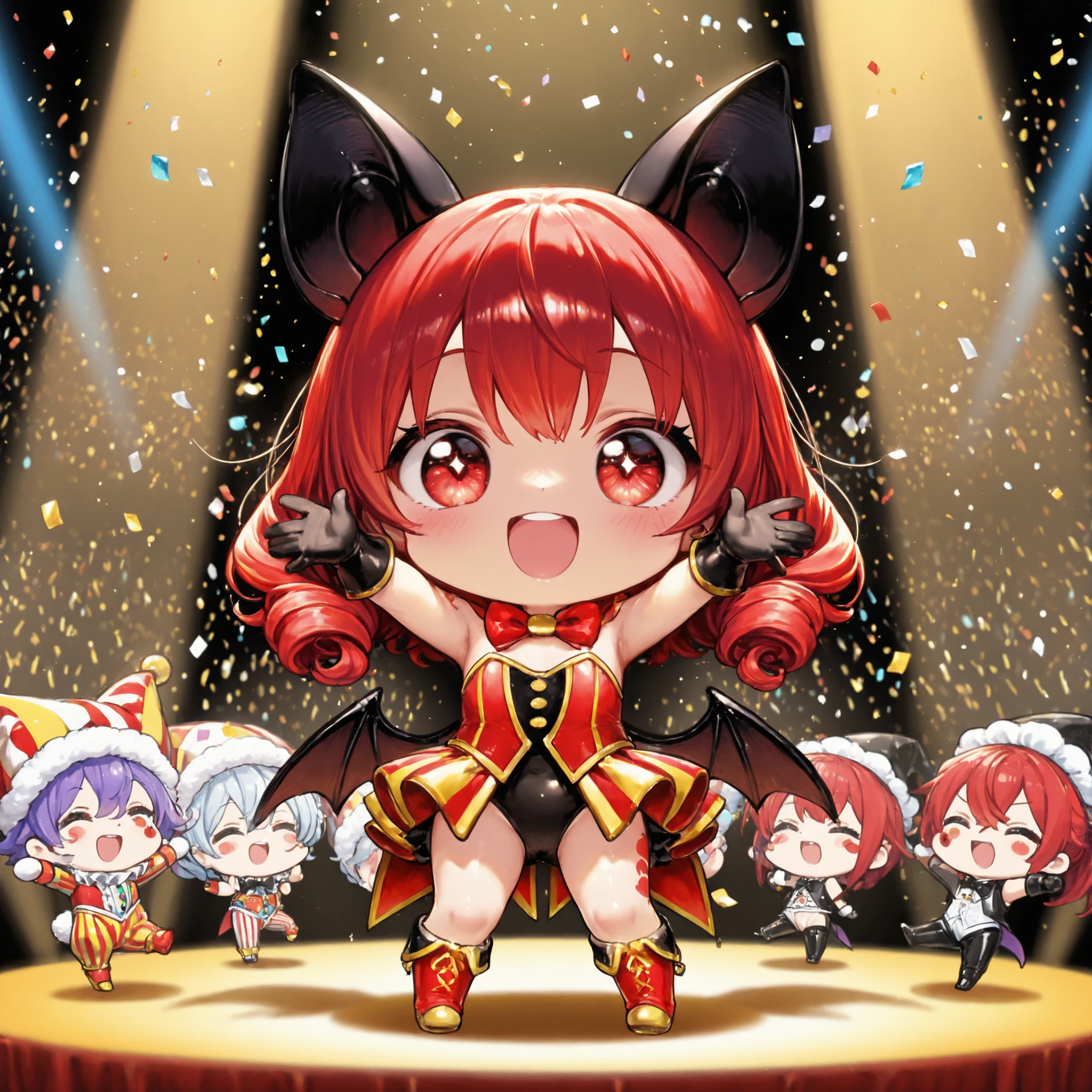 masterpiece、High Quality、anime style、(1 person)、dancing bat girl、black bat ears、bat wings on his back、red eyes、Red hair、curl hair、Whiplump thighs 、Clown costume、boots、3 heads tall、Huge Red and Gold Circus Tent, Spotlight Crossing, Sparkling Confetti, Audience Cheers, chibi,,Cute,