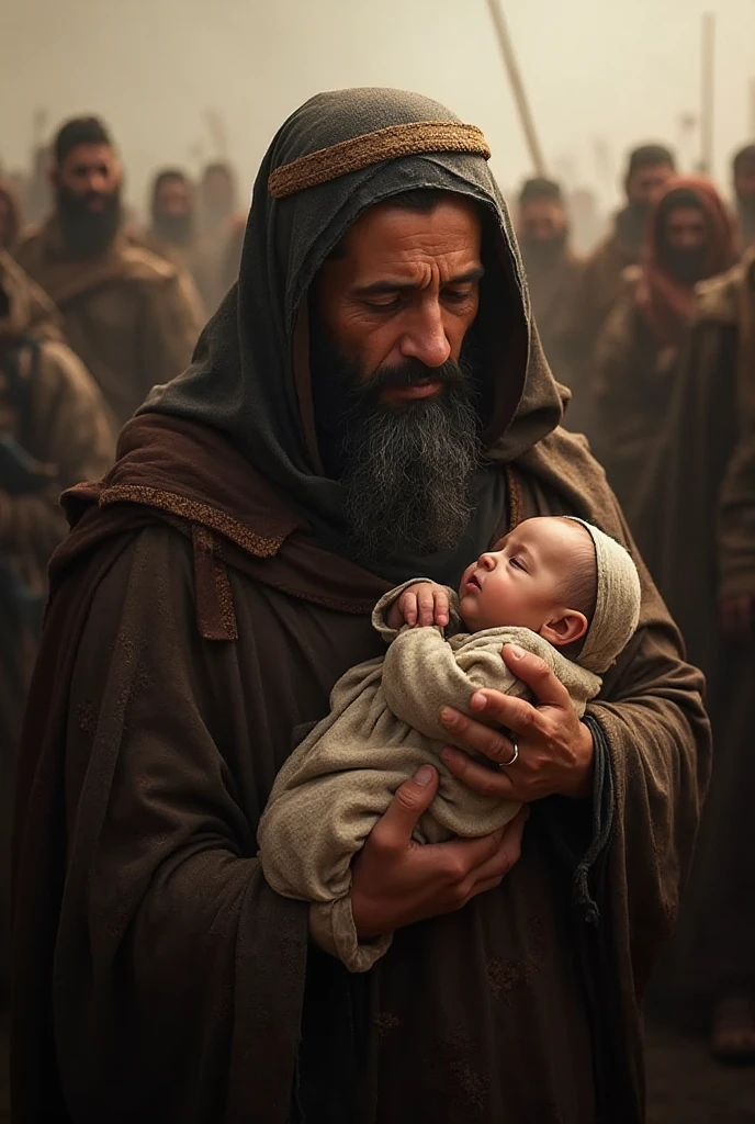 crie uma imagem colorida de um homem com roupas de franciscano, with the top of the head shaved as used in the Franciscan religious order, o homem tem um olhar amoroso e que transmite paz, imagem de corpo inteiro, The man carries a baby Jesus in his arm. o menino esta vestindo uma tunica azul celeste. imagem realistica, arte suprema, acabamento e detalhes da imagem primorosos, cinematic picture, 8k.