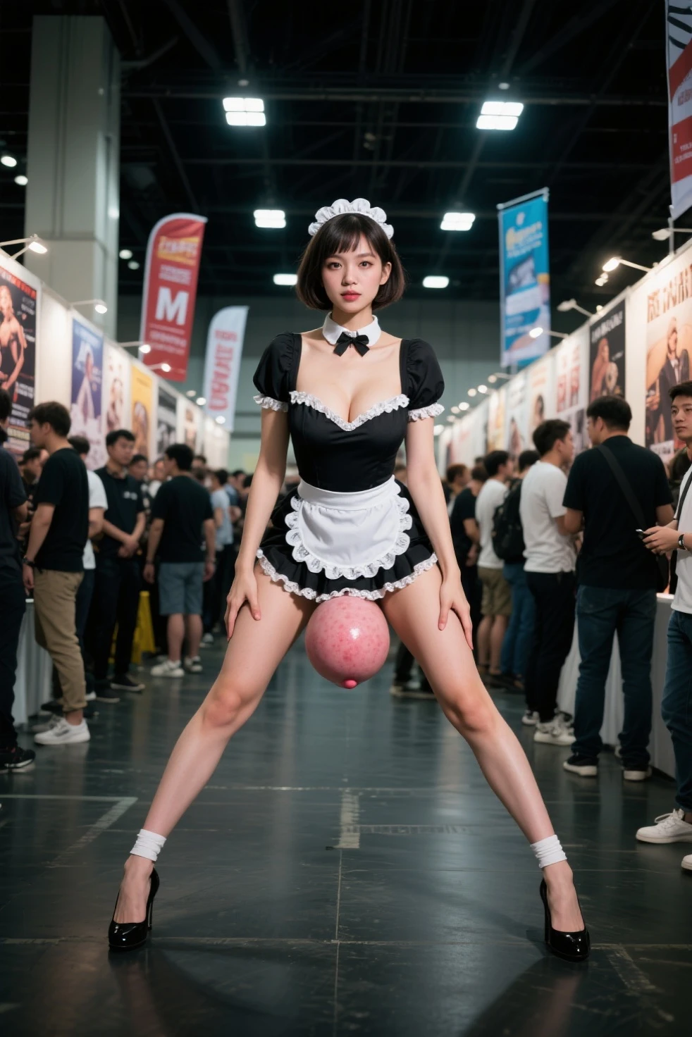 Highest quality, masterpiece, detailed, Well-organized composition,Ahegao,Full body tattoos,Cat ear,tail,Leopard print sneakers,Wet white skin,Dripping Sweat,Surreal,Ash grey bob cut,In a crowded shopping mall,Collar tethered to a leash,Very thin,Crowd,be surrounded by a large number of people、Squatting and doing the splits,Hands behind back,Completely naked,Pubic hair in the shape of a heart,