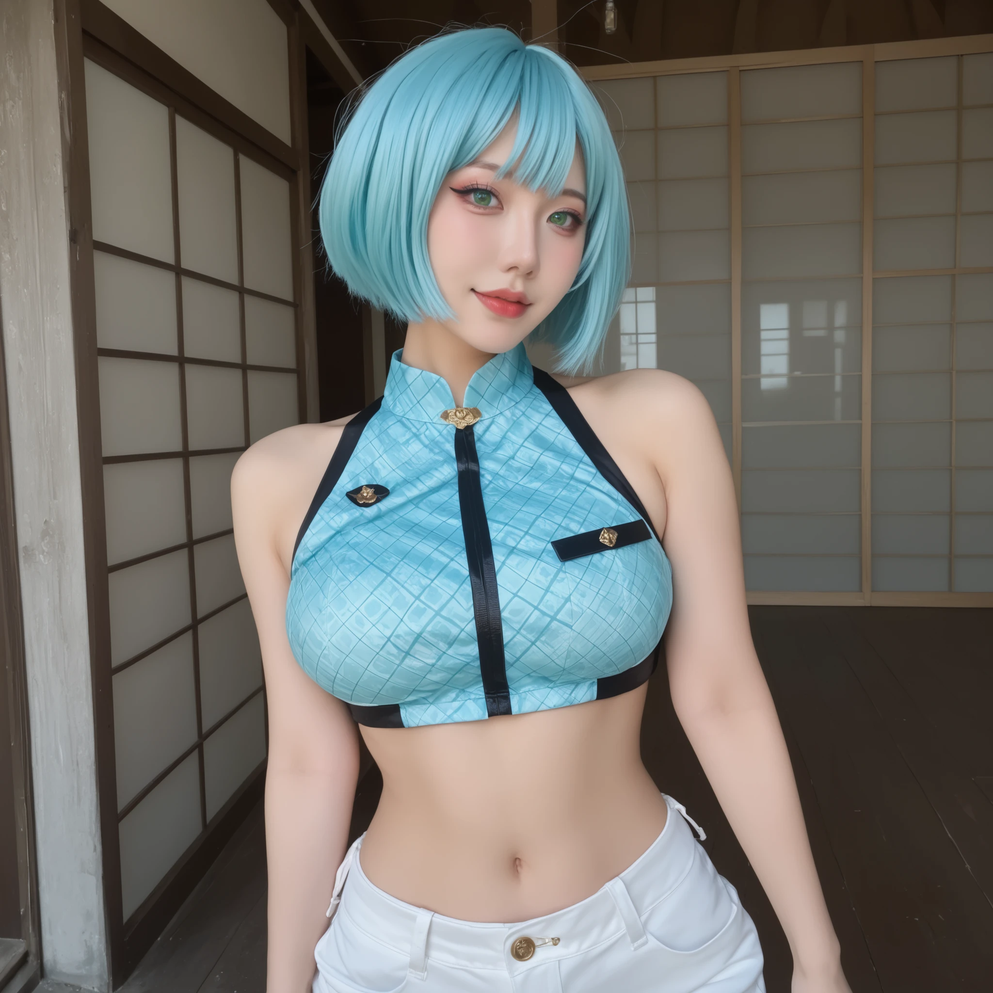 fotorrealista [The voluptuous woman],  the woman has wide hips  , a mulher tem a  slightly slender waist  e a bunda grande, Women have giants, [20 anos de idade], the woman has soft green eyes , the woman has very large breasts and a voluptuosas body, [voluptuosas], The woman has short pink hair, the woman has beautiful body with voluptuosas curves, The woman has an hourglass body, She's natural, She's natural and ultra realistic, She is photogenic and model.   the woman's waist is slightly tapered and her hips are wide.     the woman's waist is slightly tapered and her hips are wide. She wears a short Haori jacket with a bold pattern inspired by the characters from Demon Slayer - perhaps in a plaid print in turquoise and black - over a cropped black canvas blouse that shows the subbust. She has short blue hair From bob haircut to the chin, Your high-waisted cargo pants are loose and folded into sturdy combat boots. She has a katana attached to her back elegantly, bainha minimalista. The accessories include fingerless gloves, correntes de streetwear, and a demon mask pushed to the side of her head. Her pose is cool and a bit provocative, exuding confidence and power. The setting is a Japanese road, Japanese scenery, She has a wide square, bunda grande,  slightly slender waist 
   , Sua curta, vibrant pink hair and a seductive look complete the daring, Look nerd com as tetas nuas, mostrando as tetas , The woman has very large breasts and a body with voluptuosas curves . Her skin is soft and radiant, and her short blue hair up to her nose is vibrant and well-defined. She is in a Japanese village