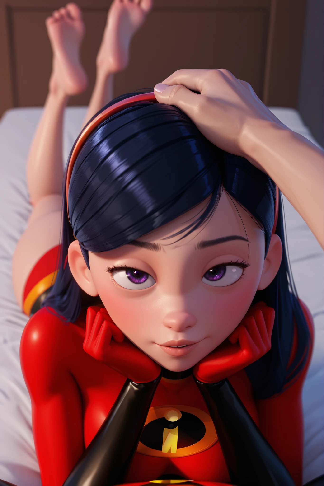 (violet parr), beautiful, big breasts, with half-open full lips, violet eyes, pov headpat, flustered, secretly happy, lying on top, feet up, head rest, incredibles costume, male pov, caressing hair