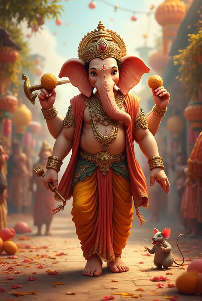 "Imagine Ganesh Ji with mouse, the revered Hindu deity, strolling down a bustling road. He holds a colorful umbrella in his hand, which contrasts with his traditional attire and the lively urban backdrop. The scene blends the divine with the everyday, showcasing Ganesh Ji's with mouse serene presence amidst the modern world