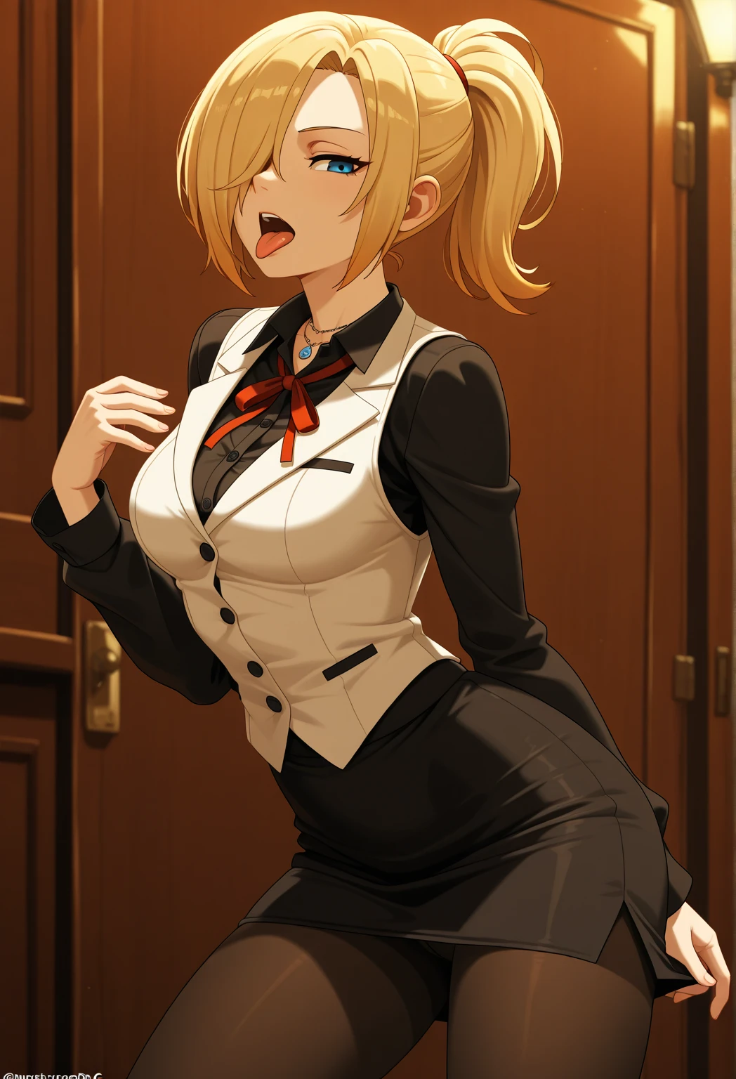 (masterpiece, highres, best quality:1.2), 8K, highly detailed, intricate, colorful, vibrant image, sharp focus, cinematic)  blonde hair, long hair, green eyes, body builder (Wearing black business outfit, black_collared shirt cropped jacket ,tie,necktie,black frilled skirt, garter straps, leather waist belt) (big perfect round breasts,hourglass body, thin waist,very thin waist, Photo realistic,(hyperrealistic:1)beautiful, masterpiece, best quality, extremely detailed face,perfect face,beautiful face, perfect lighting,detailed eye makeup, detail face, nice detailed eyes,nice hands, perfect hands,glowing eyes (realistic pupils,realistic iris:1) heavy eye makeup,(empty Casino)(Posing dynamically)