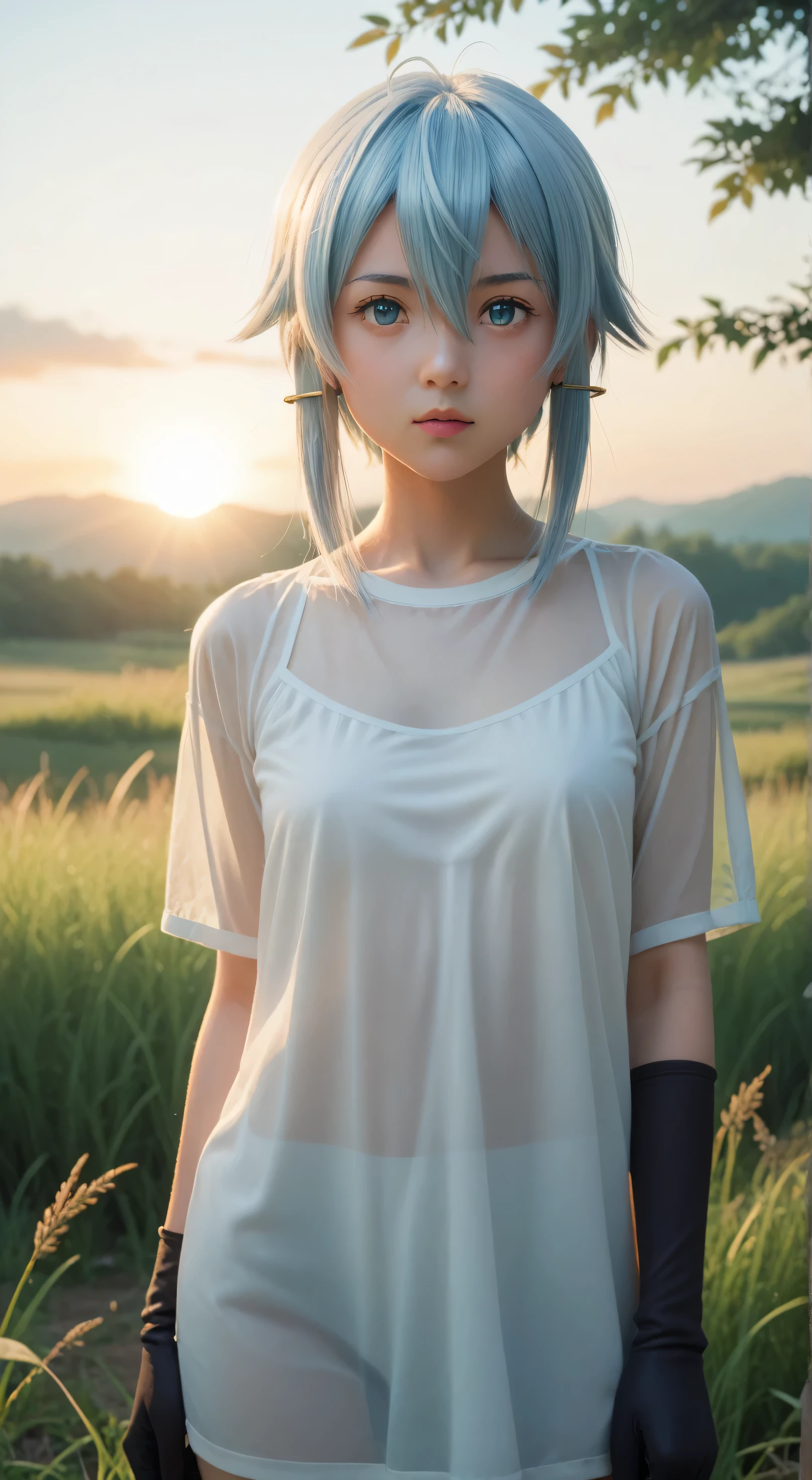 1girl, solo,asada shino,blue eyes,blue hair,hair between eyes, short,outdoors,potrait,small breast,nature,standing under ruins,sidelocks,(sunset lighting:1.5),red sunset,looking at viewer, front view,close up, arm warmers,black glove,(tall grass background:1.5),close up,(sheer shirt:1.5)