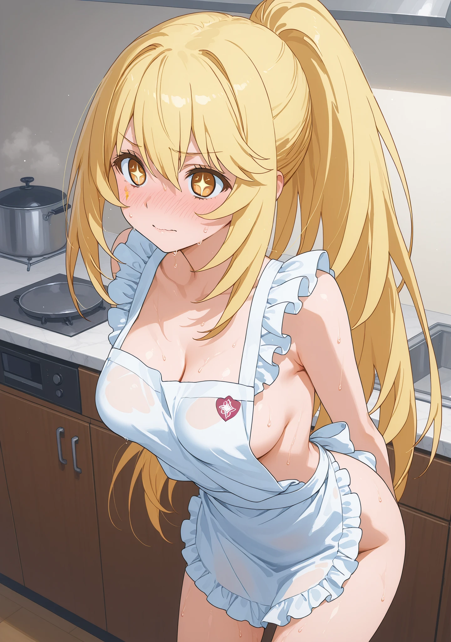 medium breasts、(((shokuhou misaki)))、1 girl、embarrassed、(from front)、standing、(leaning forward:1.3)、face focus、sweaty、arms behind back、nude、naked apron、micro apron、ponytail、kitchen