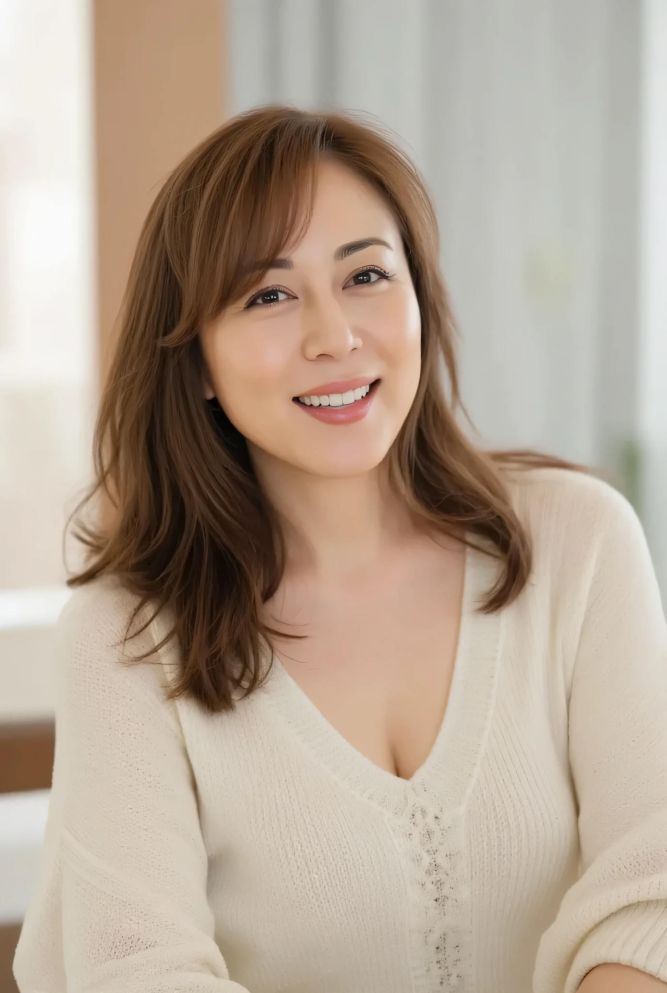 ((mature female:1.3)), (hair), (detailed description of the face), (Detailed description of the body),high resolution, masterpiece, Highest Quality, (High Details, formal: 1.4), (visible: 1.2), (Sharp Focus: 1.4), depth of field holding fish, physically-based rendering with high artistic value, Sadistic, (ultimate beauty), ((48 years old,: 1.4)),Japanese、((close-up:1.5))、((fine lines of laughter:1.2))、(big breasts:1.2),sweater、(Lipstick:1.1), (eyeliner:1.2), mascara, eyeshadow,