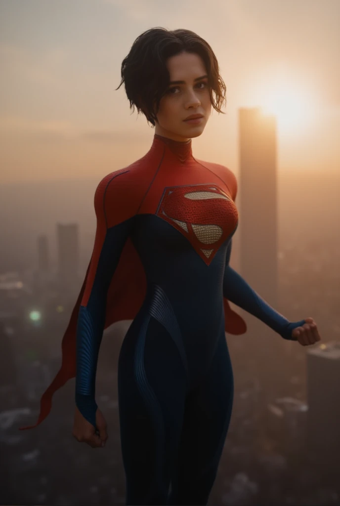 cinematic photo (best quality), (masterpiece), (intricate),realistic, sashacallekarazorelQuiron, Heroic flying over world, . 35mm photograph, film, bokeh, professional, 4k, highly detailed