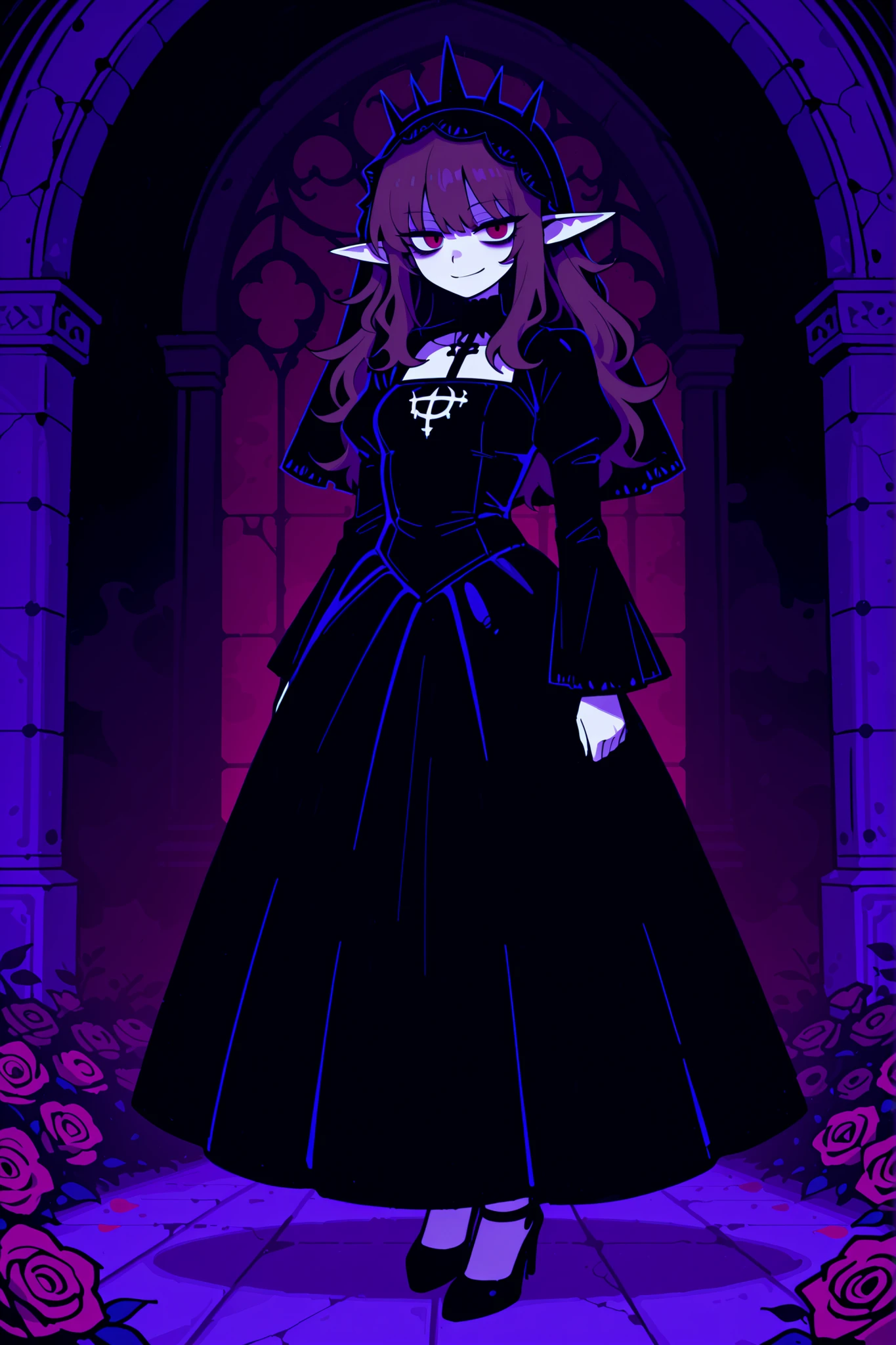 masterpiece , best quality , amazing quality , very aesthetic, woman, white skin, pale skin, tall, rounded elf ear, red eyes, drooping eyes, cold look, white pupil, feline pupil, long messy hair, brown hair, bangs, sharp canines, smirk, black gothic dress, black veil, heels, background magical castle, roses