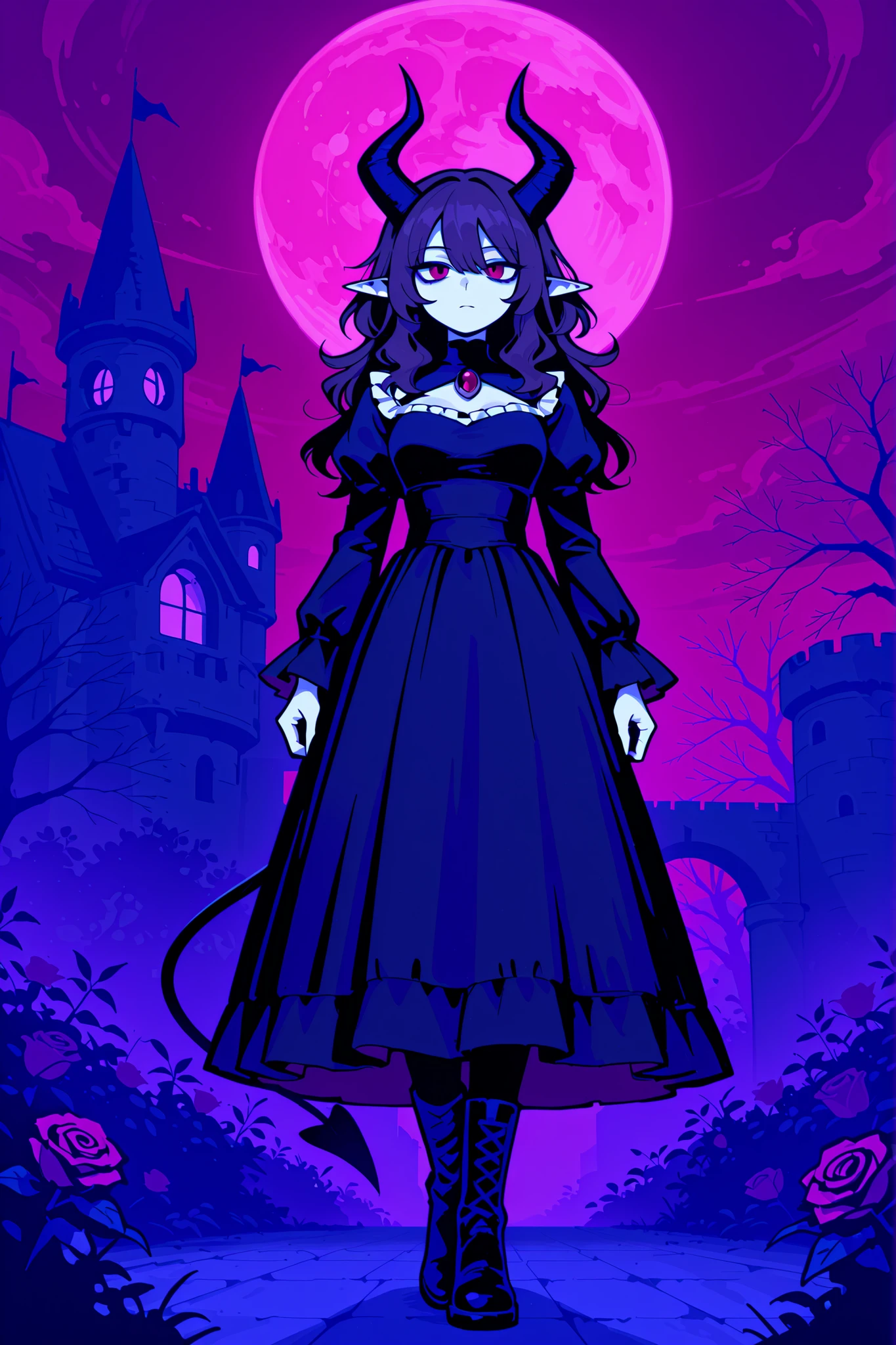 masterpiece , best quality , amazing quality , very aesthetic, girl, white skin, pale skin, tall, rounded elf ear, red eyes, drooping eyes, cold look, white pupil, feline pupil, long messy hair, brown hair, bangs, sharp canines, demon tail, black horns, elegant curves, expressionless face, white ruffled blouse, black dress, black stockings, boots, background magical castle, roses, red sky, moon