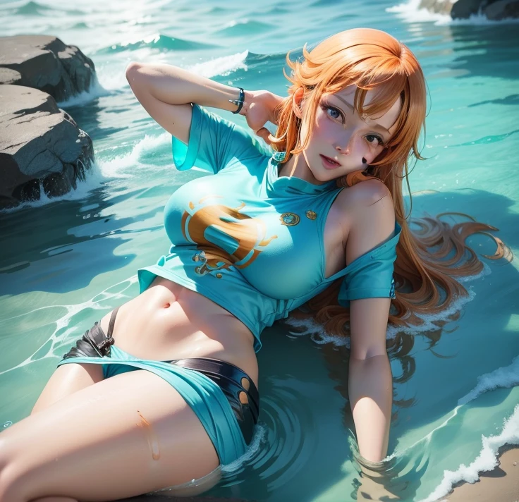 a close up of a woman in a bikini sitting on a rock, nami one piece, nami from one piece, beautiful portrait of nami, seductive anime girl, from one piece, marin kitagawa fanart, nami, beautiful alluring anime woman, one piece, official art, female anime character, swimsuit, bikini. background of hell. gore