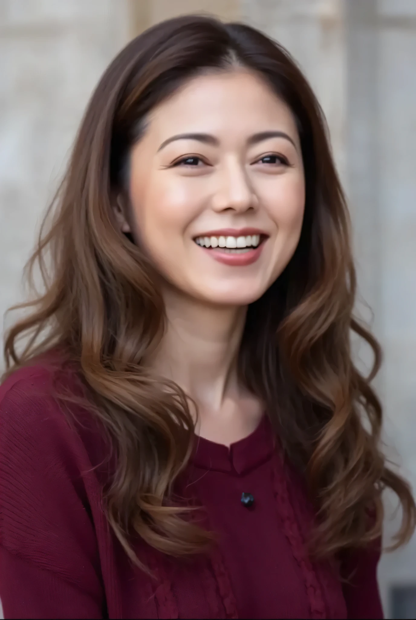 Mature Woman, (hair), (detailed description of the face), (Detailed description of the body),high resolution, masterpiece, Highest Quality, High Details, formal: 1.4), (visible: 1.2, 超visibleな: 1.1, Realistic: 1.37), (Sharp Focus: 1.4), depth of field holding fish, physically-based rendering with high artistic value, Wavy Hair, , incomparable beauty, (ultimate beauty), (Lipstick:1.1), (eyeliner:1.2), (mascara), (eyeshadow), (48 years old,: 1.4),Japanese、close-up、fine lines of laughter:1.2、seductive smile,(burgundy × cable braid(oversized)Sweater)、(concrete wall background)