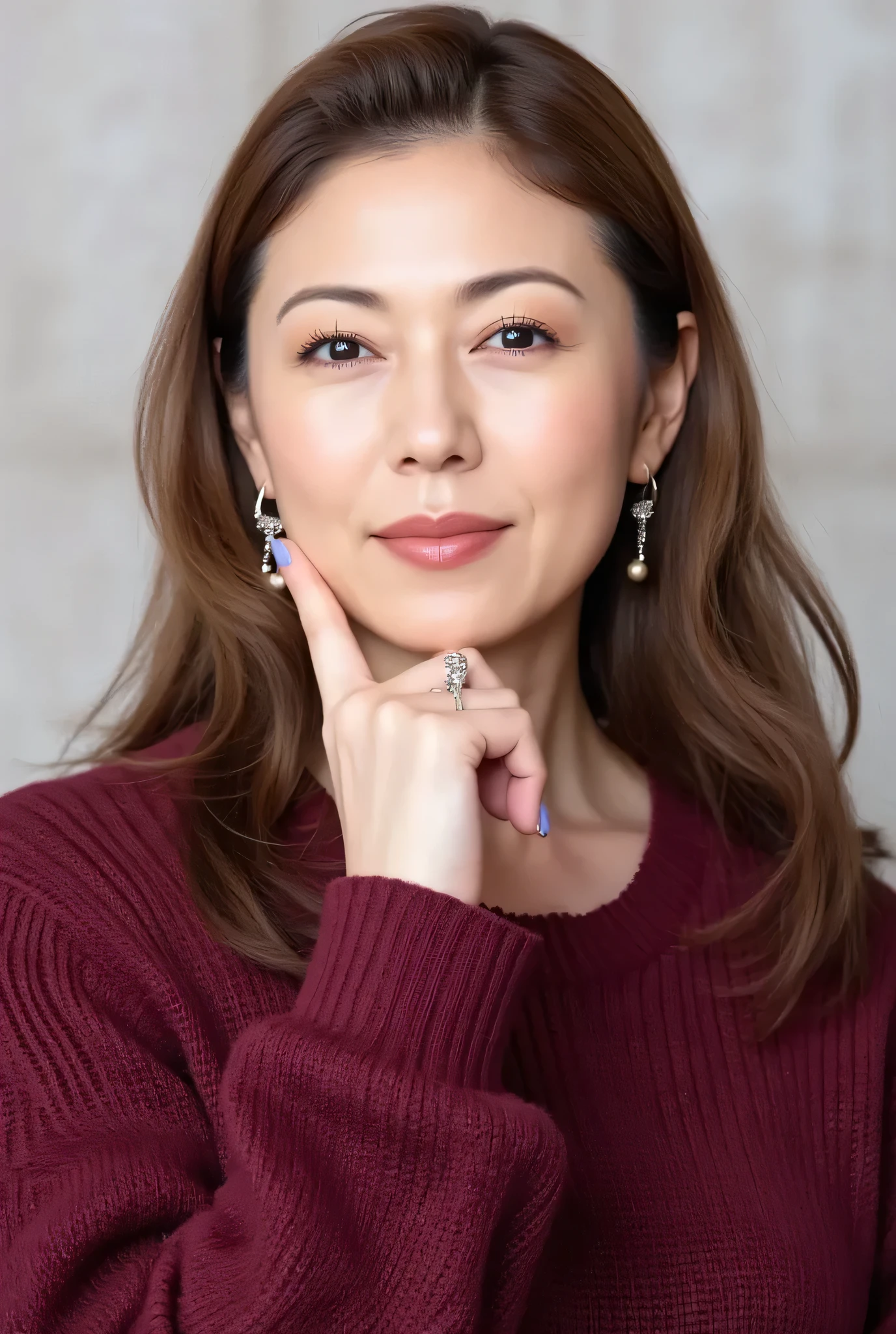 Mature Woman, (hair), (detailed description of the face), (Detailed description of the body),high resolution, masterpiece, Highest Quality, High Details, formal: 1.4), (visible: 1.2, 超visibleな: 1.1, Realistic: 1.37), (Sharp Focus: 1.4), depth of field holding fish, physically-based rendering with high artistic value, Wavy Hair, , incomparable beauty, (ultimate beauty), (Lipstick:1.1), (eyeliner:1.2), (mascara), (eyeshadow), (48 years old,: 1.4),Japanese、close-up、fine lines of laughter:1.2、seductive smile,(burgundy × cable braid(oversized)Sweater)、(concrete wall background)