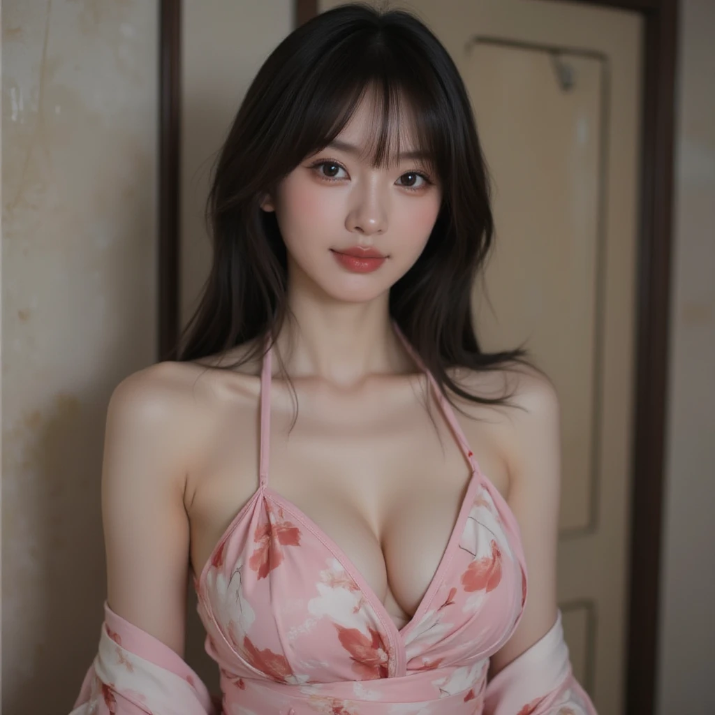 (On the veranda of a traditional Japanese house), masterpiece, light makeup, red lips, beautiful hair, (moderately fair:1.3), elegant, Very fine details, masterpiece, authentic texture, cinematic lighting realism, perfect work, 16,000, high resolution, Exquisite features, brown eyes, (Ultra-high resolution eye:1.1), japanese idol, beautiful face, (A gentle smile like a goddess), attractive, well-shaped breasts, beautiful cleavage,glowing skin, ((nude side slit floral dress:1.3)), break,bright big eyes, soft skin, earring, necklace, standing posture, (Ground Shots:1.2), (sitting on the veranda),(all four feet:1.3),(enlargement:1.2),from below, Lights on the face