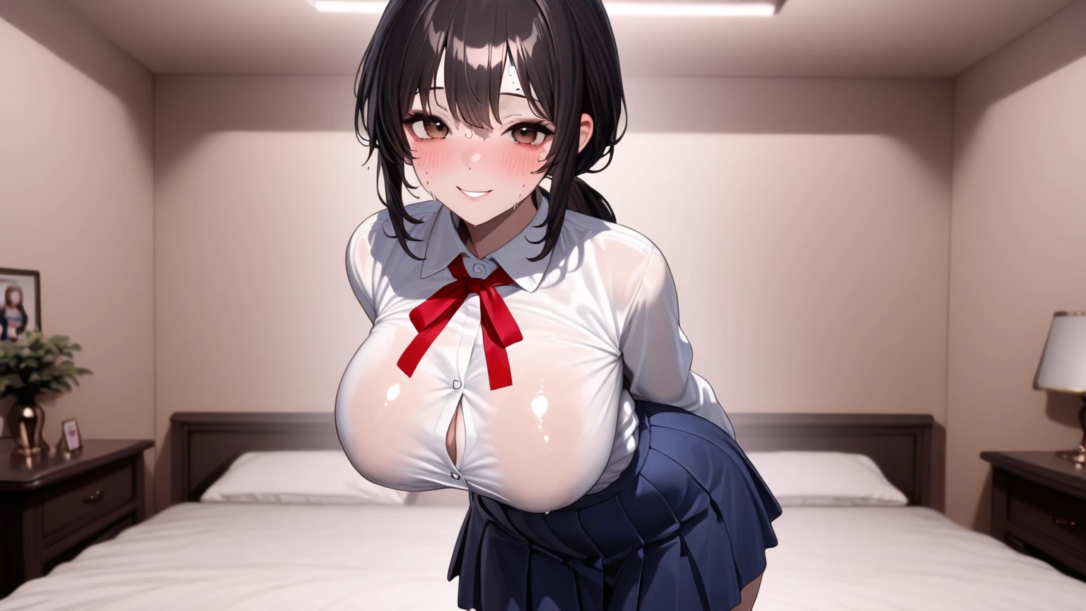(masterpiece, highest quality, super detailed), (sumika), 1girl, (slim:1.7), short hair, black hair, (big breasts:1.6), raised, Wet , Sweat, beautiful face, (Big eyes:1.5), cute, fog, (school uniform:0.6), (white shits:1.4), (Pleated skirt:1.4) JS_ShortSkirt, (micro mini skirt:1.5), at school, window, skirt up, (pussy:1.2), anime, (from below:1.4)