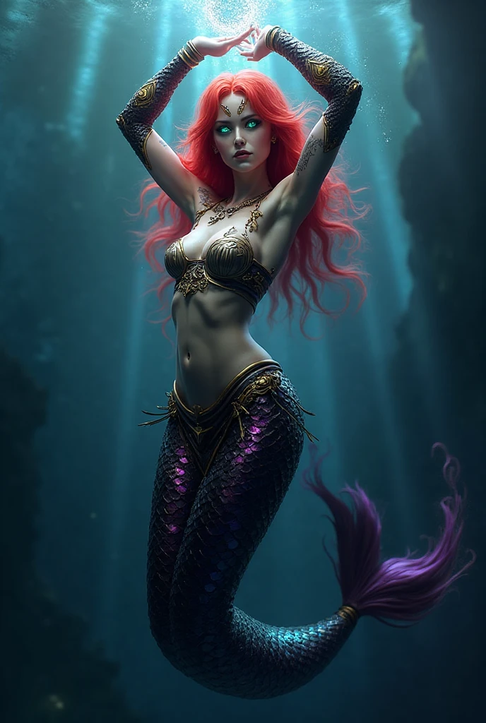 a zombie ariel mermaid, (smirks:1.2), ((fire underwater)), cinematic, insane details, intricate details, hyperdetailed, neon colors ((hdr)), ((vignette))