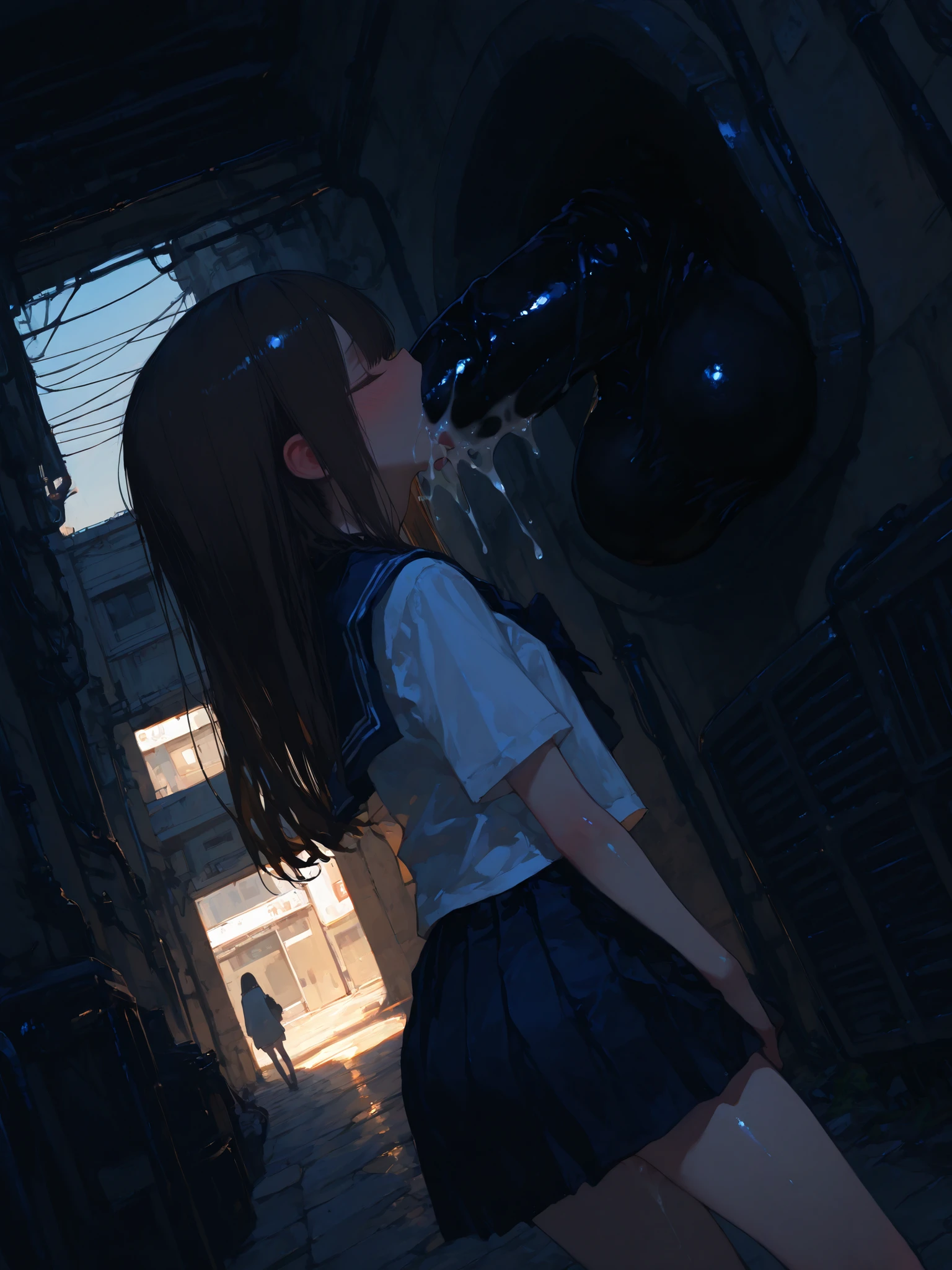 (Masterpiece), 걸작, 고화질, newest, perfection, (best quality), (highest quality), (detailed), (aesthetic), beautiful angle, volumetric lighting, RTX, HDR, from behind, beautiful day, alley, 1girl, school uniform, young, (loli), slim, deepthroat, huge dick, thick dick, full deep penetration, cum, blush, beautiful hair, beautiful skin, detailed body, lush, detailed background, shiny skin, 748cmstyle