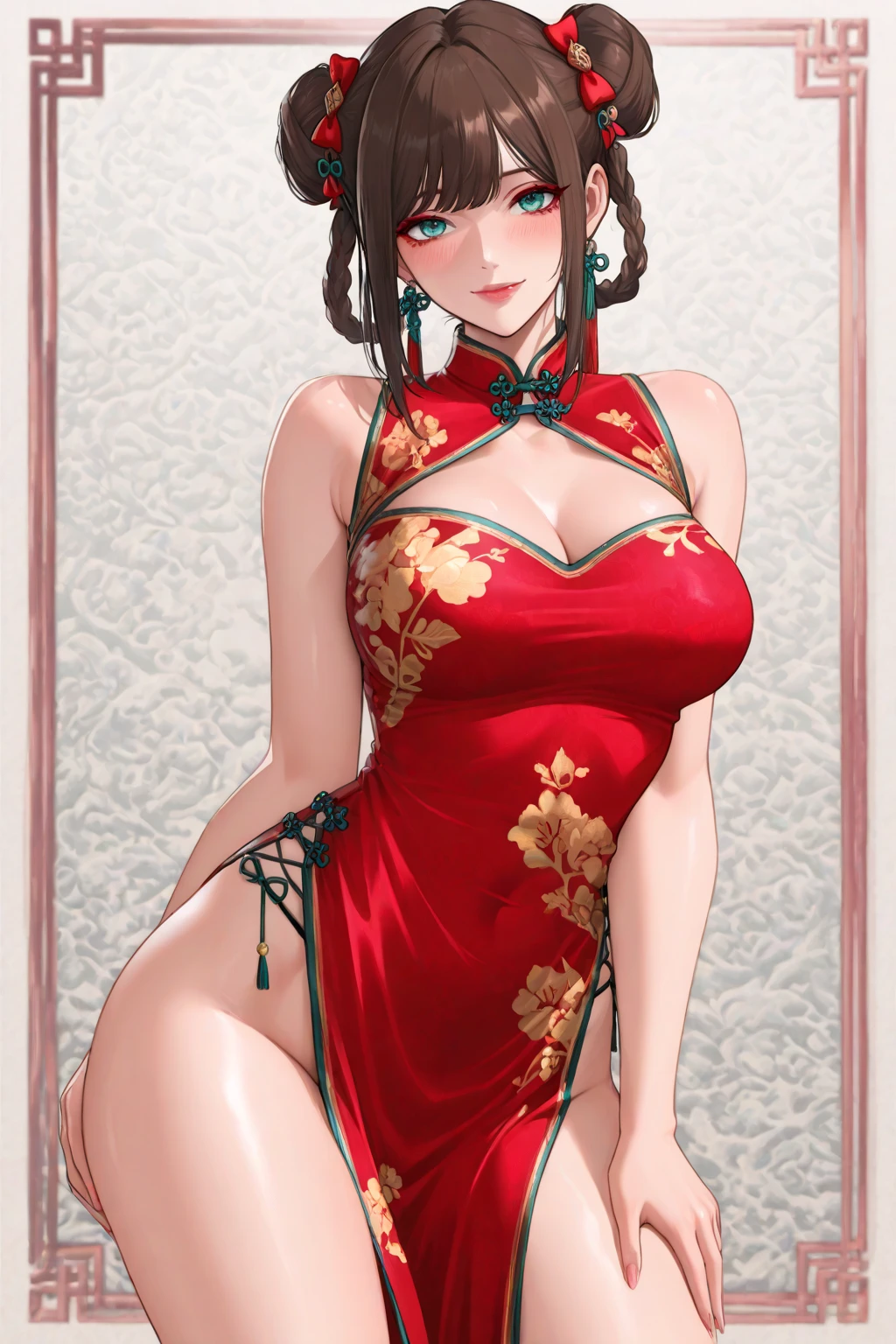 Beautiful mature Japanese woman aged 55, Married women, Long eyelashes, Low Ponytail, ((Red lipstick)), Pink Cheeks, ((Pearl Necklace)), Earrings, Dark eyeshadow, smile, Green bra, Green panties, Mansuji, Pussy juice, Green stockings, Green silk gloves, Japanese-style room, pussy, nsfw