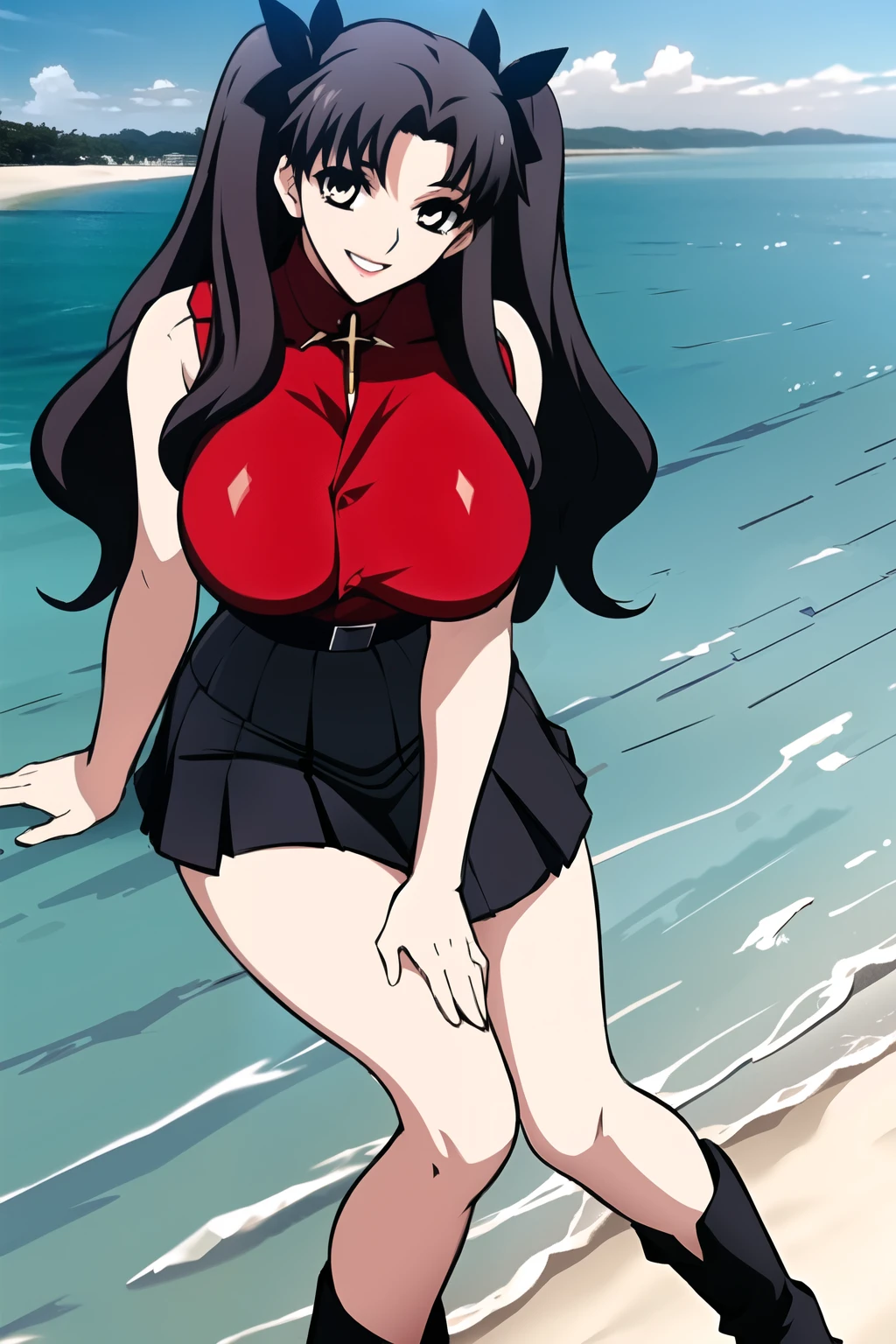 Woman with twin tails with black hair、wearing hair ornaments on her twin tails,,smiling Yang,Please draw a woman in a red large breasted sleeveless dress,pleated skirt,Silver cross necklace ,,I'm wearing thigh-length black stockings on both legs,boots,,long black hair,smiling Yangのヤン,A woman gazing at the ocean,、Don't trim to the top of your face,Yang's smiling human hands and feet,big breasts but thin waist,amazing thighs ,I'm on a sunny beach, ,seen from below,I can clearly see the light blue panties through the miniskirt,amazing thighs ,Beautiful woman with beautiful legs and big breasts,Please draw details of the hands and feet more delicately and accurately,