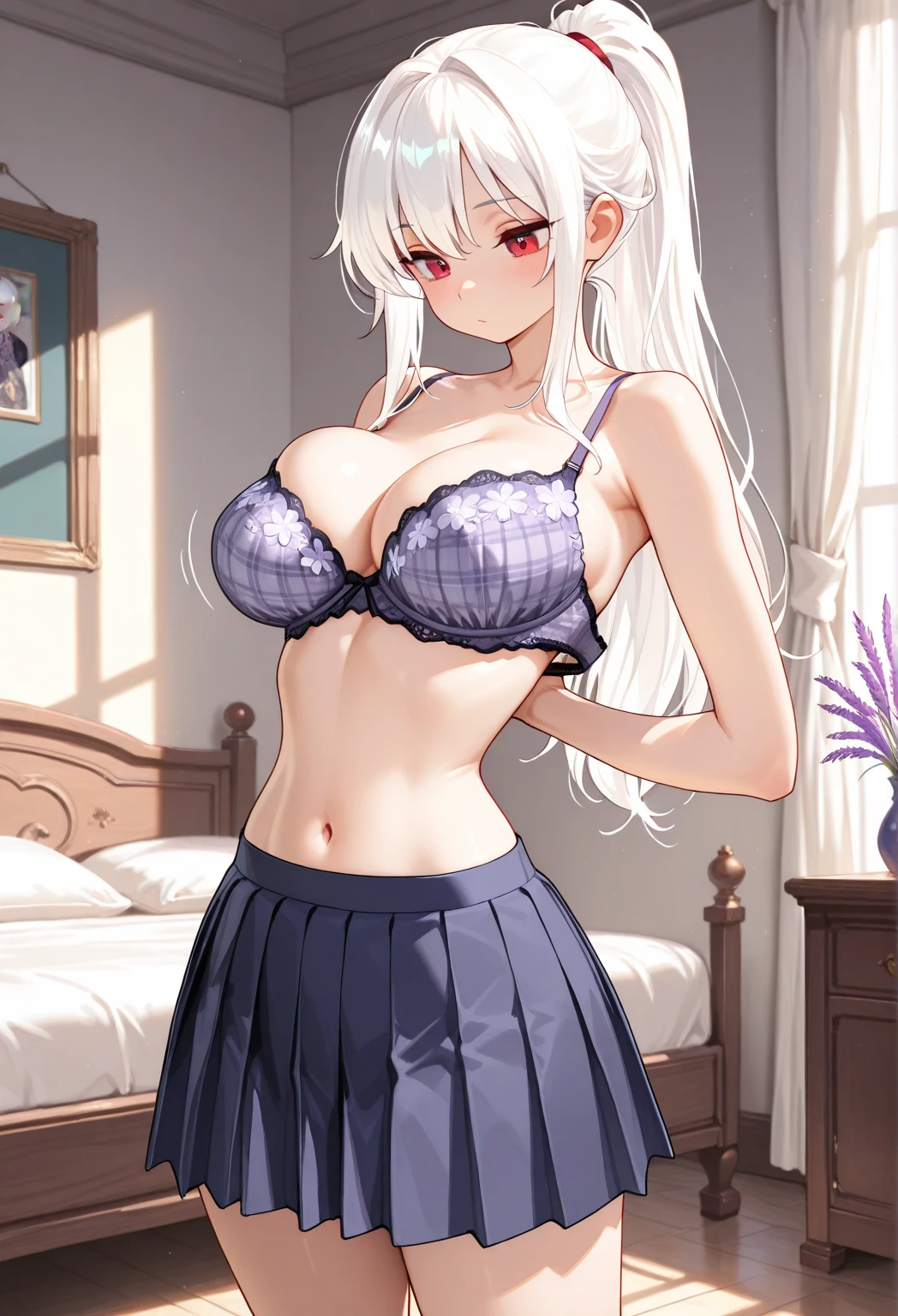 masterpiece, best quality, 1 solo girl, white hair, red eyes, medium hair, medium breasts, sexy body and face, wavy hair, smile, black socks, brown bow, knee-highs, long sleeves, open bra, open panty, parted lips, pink pleated skirt, puffy long sleeves, purple shirt, pendant, bracelet, jewelry, earrings, butterfly hair ornament, book, lying at the bed, night sky, sexy pose, cowboy shots, detailed body, face, and eyes, sharp focus, vibrant, creative, dynamic, high definition, high resolution, 8k, (Upscale: R-ESRGAN 4x+ Anime6mage enchance:4x), voluptuous body, cinema lightning, dakimakura style, looking at the viewer, hairband, pale skin