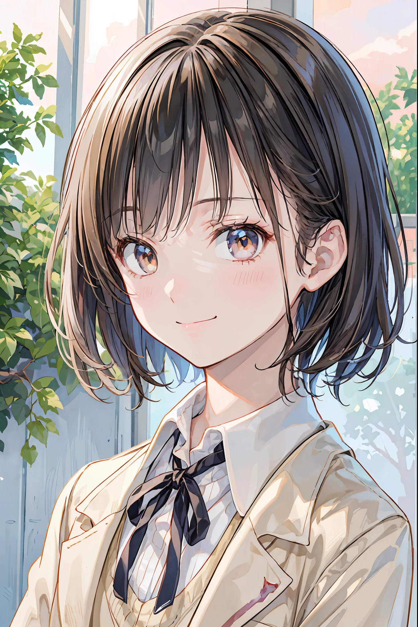 (of the highest quality,8K quality,masterpiece:1.3),(super high resolution,photorealistic:1.4,Original photo),(super precise,caustics,detailed background),(Ultra-realistic depiction,beautiful detailed skin,Perfect Anatomia),Sunset,Sunset Sky,schoolhouse,schoolground,18 years old,cute,single eyelid,black hair short bob,school blazer uniform,staring at the camera,Smile Yan,Bust Up Shot,natural soft light