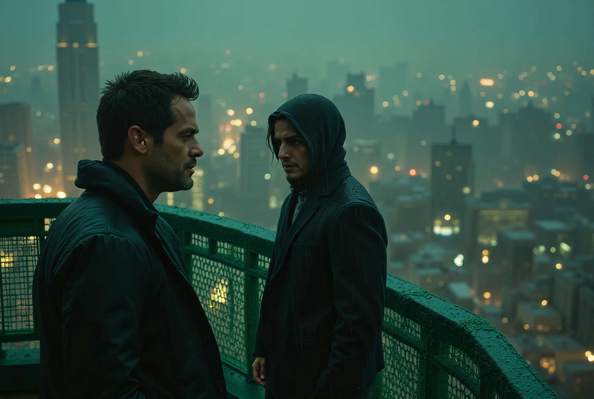 The detective is closing in on the criminal. photorealistic, 2 mans, rooftop of a skyscraper, green fencing nets, rain, midnight, city light,