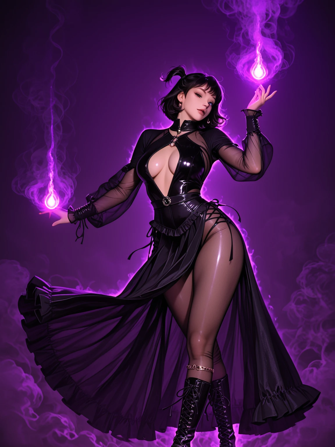 masterpiece, best quality, <lora:lilithmon-nvwls-v1-000009:0.9> lilithmon, horns, hair ornament, single gauntlet, cleavage, dress, purple dress, detached sleeves, demon wings, black thighhighs, black lipstick, huge breasts, black background, summoning circle, looking at viewer, smile, magic circle