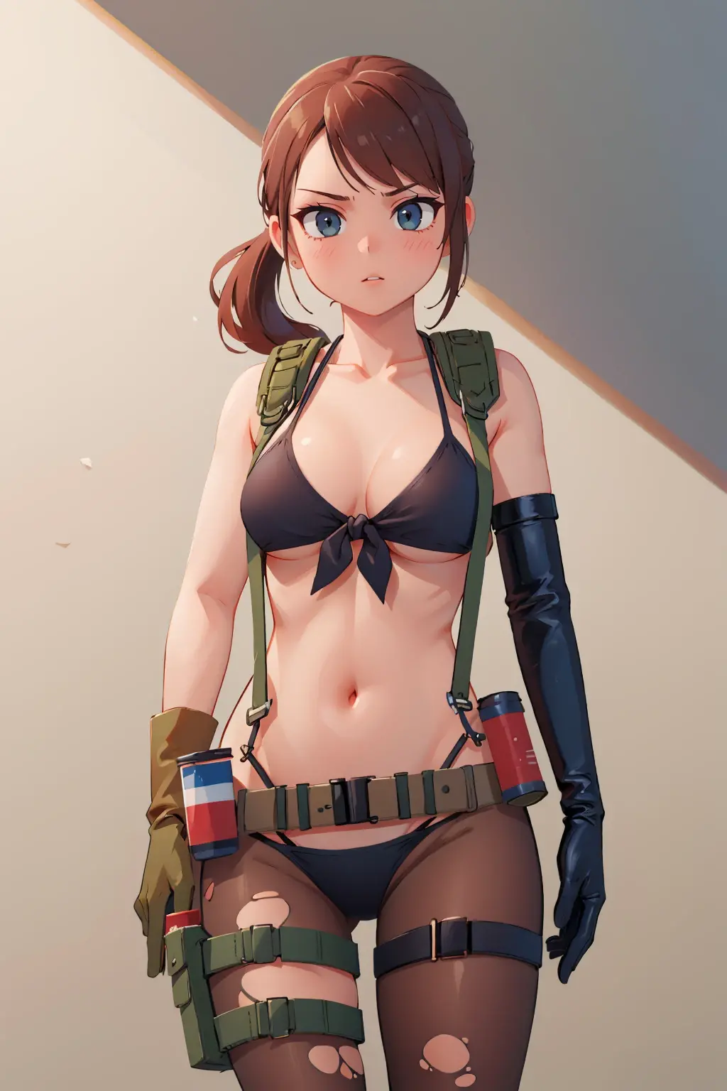 quiet (metal gear), <lora:Quiet:.9>, masterpiece, best quality, cowboy shot, 1girl, solo, toned, dirty, beach,