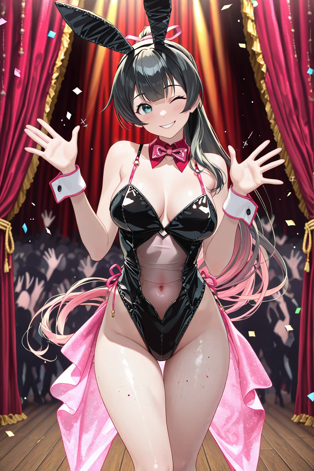 1girl, solo, masterpiece, Ultra-detail,(highres:1.1),best quality,(masterpiece:1.3),specular lighting, depth of field, blush, looking at viewer, <lora:Kiku:0.75>, kiku, multicolored hair, blunt bangs, red_eyes, gradient_colored_hair, black_hair, rabbit ears, white playboy bunny, white_uniform, heart necklace, bare shoulders, thighs,