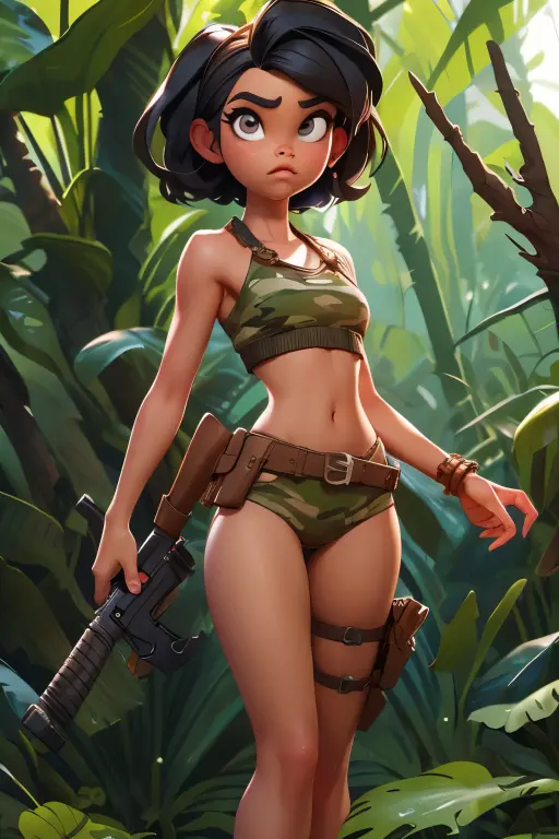 gorgeous savage amazon ((Jenna Ortega)), dark forest, (((pixar))), dynamic, cammo bikini, very short hair