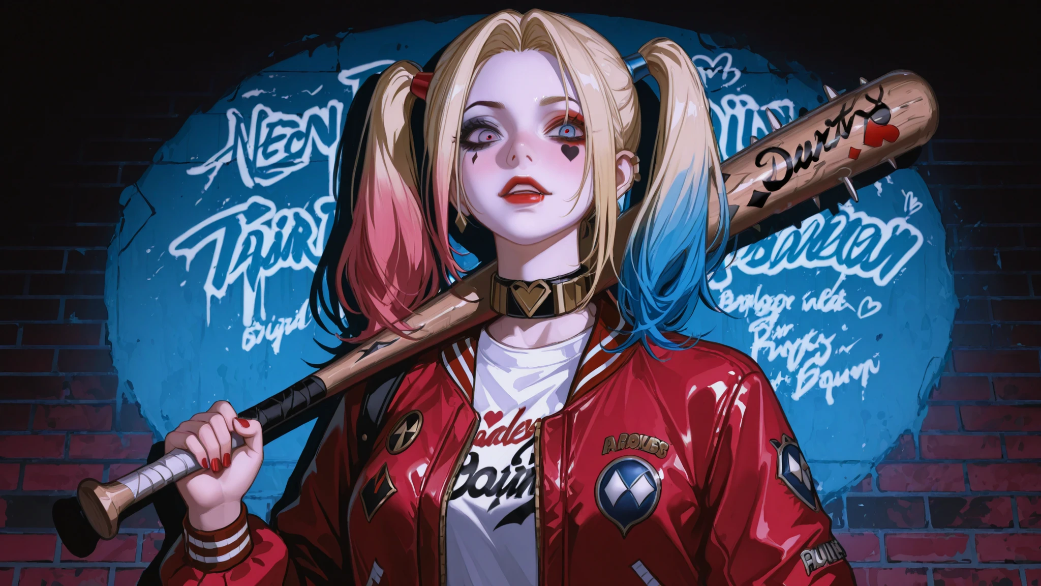 A semi-realistic female character,inspired by Harley Quinn, wearing a shiny red and blue bomber jacket,with a short dress. blond hair is tied in two small pigtails, One dyed pink/and the other dyed blue. Dramatic eye makeup,painted with smudged red and blue eyeshadows, Bold red lips . She is holding a wooden baseball bat painted with graffiti. The background is full of dark atmosphere and neon lights (Pink and blue), creates a chaotic yet fun atmosphere.