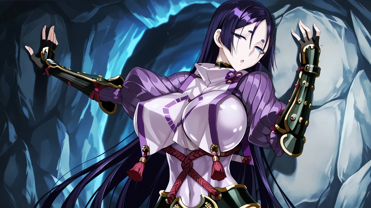 necaisys, <lora:necai sys-lora-nochekaiser:1>,
necai sys, long hair, (red eyes:1.3), twintails, purple hair, white hair, multicolored hair, two-tone hair, dark skin, dark-skinned female,
BREAK gloves, cleavage, elbow gloves, underboob, fur trim,
BREAK indoors, dungeon, cave,
BREAK looking at viewer, (cowboy shot:1.5),
BREAK <lyco:GoodHands-beta2:1>, (masterpiece:1.2), best quality, high resolution, unity 8k wallpaper, (illustration:0.8), (beautiful detailed eyes:1.6), extremely detailed face, perfect lighting, extremely detailed CG, (perfect hands, perfect anatomy),