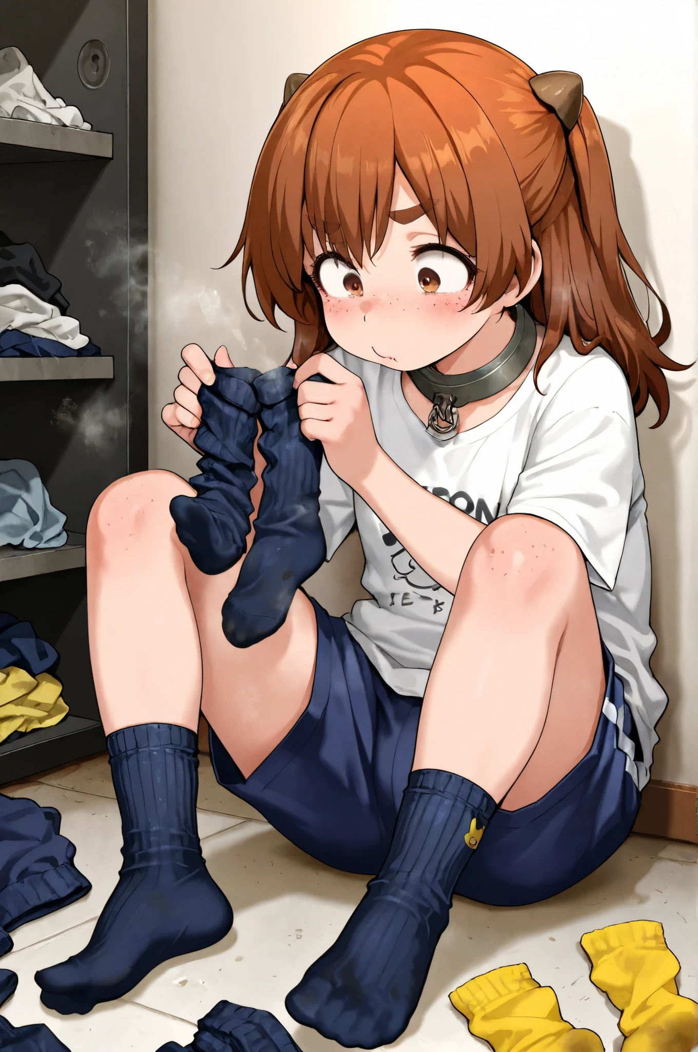 Highest Quality, Pictorial Quality, 8K quality,1girl,Solo,(Clumsy Slave),freckles,eyes are small,thick eyebrows,stupid expression,(Iron Collar),Slightly Flushing Cheeks,Steaming,brown half up twin tail hair,hold socks in your hands,see here,hang socks side by side without gaps in a sock specialty showcase,wear navy blue ribbed socks,white ribbed socks,black high socks,yellow short socks full of socks,cute socks,lame socks,crew socks,Pile of socks all over the floor,Socks removed,folded Socks, unworn Socks, socks on floor,Hang unused socks in a row on the wall,sitting on the floor,wear cheap t-shirts and cheap shorts,simple room background,collection room,simply arranged socks,Full of socks