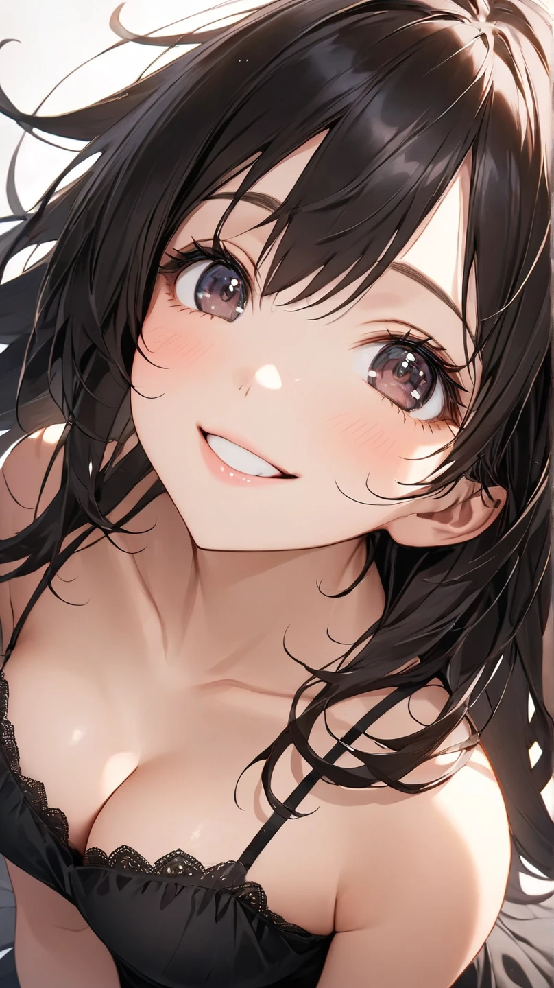 (best quality), beautiful woman, close up face, biting lips, detailed eyes, beautiful eyes, eyelashes, black hair, bangs, long hair, bend forward to viewer, cleavage, summer dress
