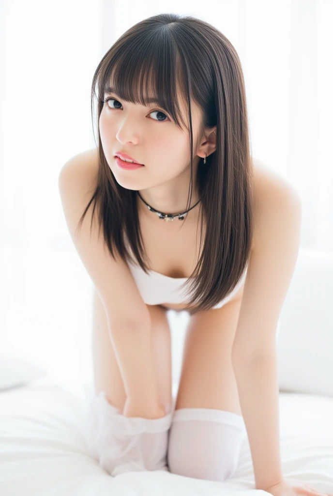 masterpiece、Underwear with extremely small area、16 year old high school girl、(ponytail)、(((quite small head:1.4)))、Open your legs and show your crotch、get down on one knee、on the bed、(black hair)、(Live shooting:1.2)、(photorealistic:1.4)、A sluggish smile、cute、embarrassing、show the whole body、lace white underwear、(((The wet genitals are clearly visible)))、(((It's wet and my nipples are visible)))、View from the front、textured skin、anatomically correct、SFW、highly detailed eyes and face、pretty fingers、(Enhances the beauty of skin texture:1.1)、High resolution、8K wallpaper、movie lighting