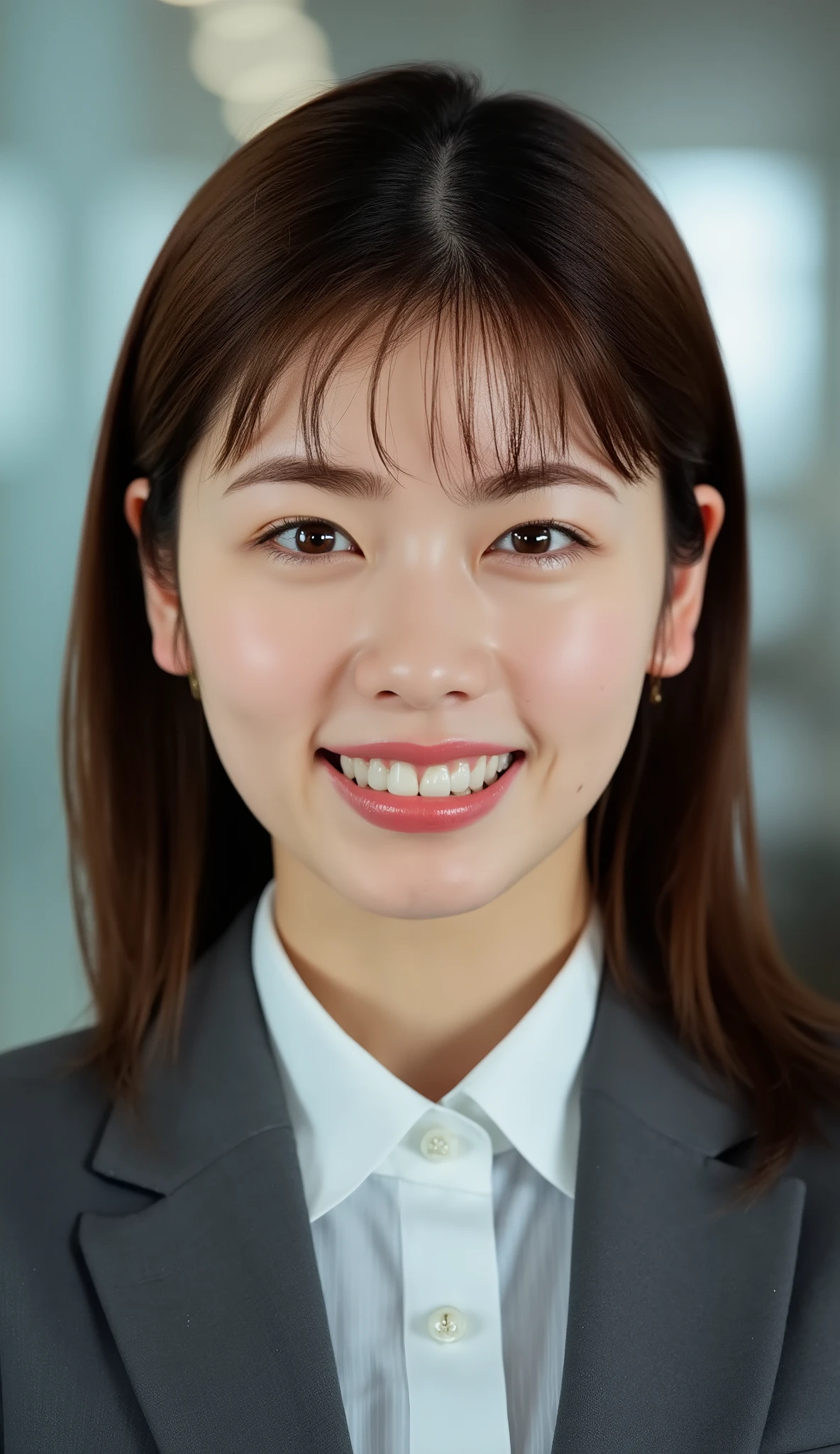 Neat Young Woman、looking at the camera、office lady suit、necklace、Ear piercings、、brown hair、hairstyle semi-long、smile showing teeth、背景はオフィスface close-up、