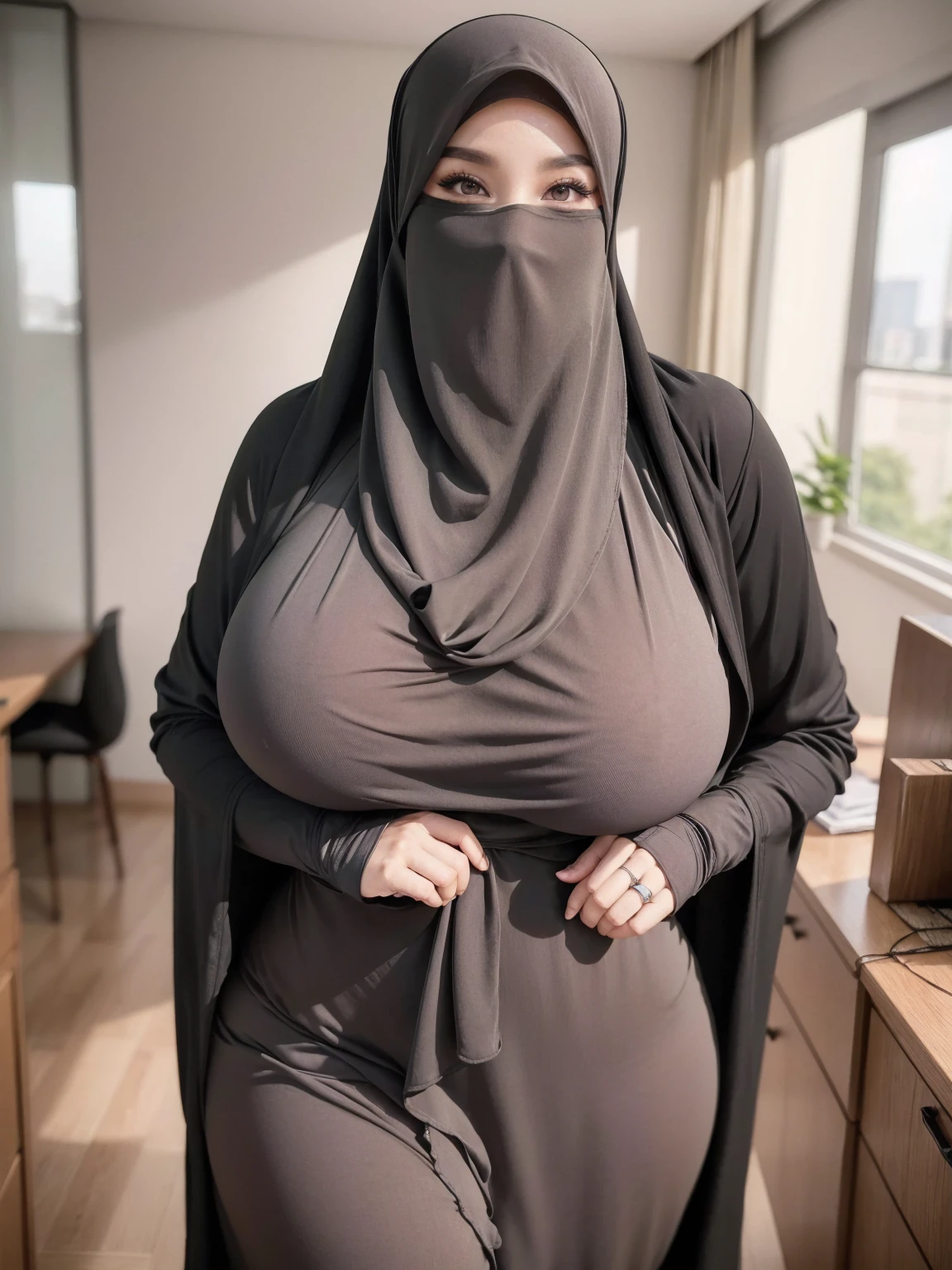 1 woman, woman wearing a hijab, Asian woman, big and round breasts, big hips, naked, standing stunningly like an adult magazine model in the waste recycling place