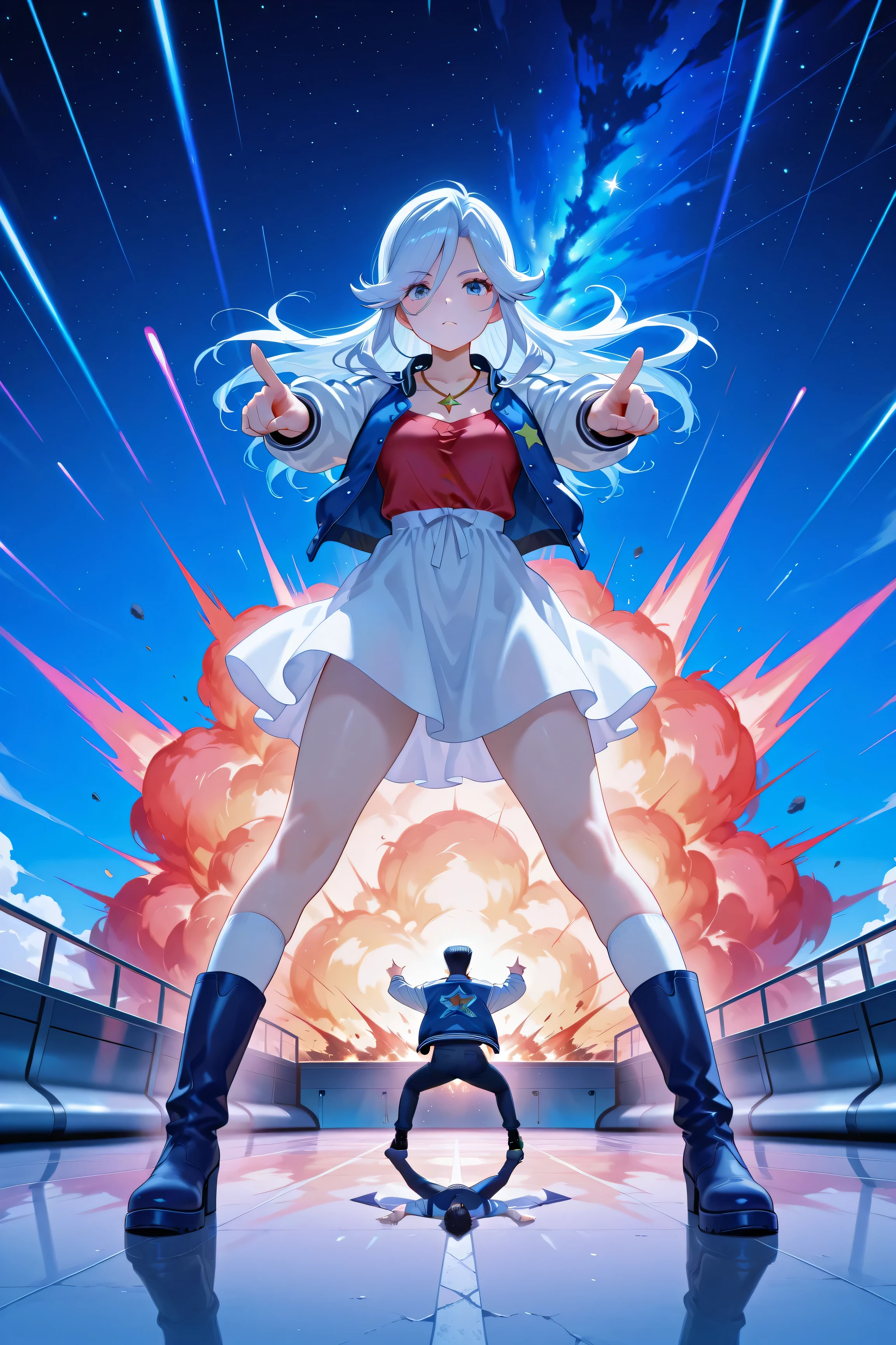 score_9, score_8_up, score_7_up, masterpiece, best quality, perfect facial features, highest resolution, 8k, amazing quality, detailed eyes, clear eyes, dynamic composition, dynamic pose, face clearly visible, whole body, low angle, 1girl 1man, two people, space dandy, dandy \(space dandy\),pompadour,black hair,sideburns,letterman jacket,red shirt,necklace, BREAK kanbn, White to blue hair, bright blue eyes, Wearing a White Dress,There are gold stars on the skirt, white sleeves , White Over The Knee Socks, dark blue boots , with a gold star pendant around her neck, White to Blue Hair, bright blue eyes, BREAK Pointing at the front of the screen, full body, dynamic pose, dynamic composition, space-like pose, holding a space gun, top angle, face-forward pose, acrobatic composition, weightlessness, falling pose, striking a pose while falling, floating pose, space, space explosion, inside a spaceship, space colors, flashy atmosphere, colorful atmosphere, colorful explosion, colorful blast,