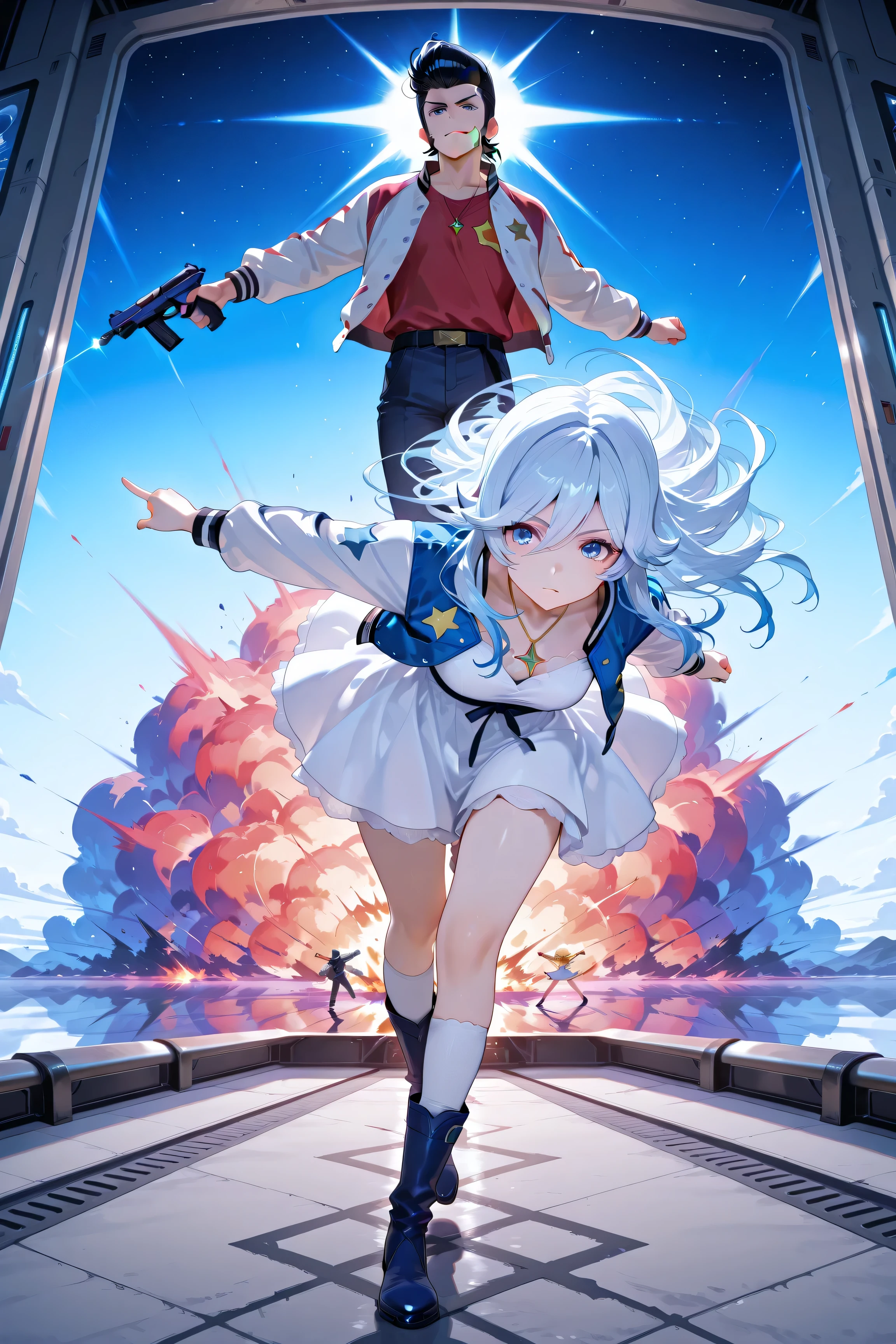 score_9, score_8_up, score_7_up, masterpiece, best quality, perfect facial features, highest resolution, 8k, amazing quality, detailed eyes, clear eyes, dynamic composition, dynamic pose, face clearly visible, whole body, low angle, 1girl 1man, two people, space dandy, dandy \(space dandy\),pompadour,black hair,sideburns,letterman jacket,red shirt,necklace, BREAK kanbn, White to blue hair, bright blue eyes, Wearing a White Dress,There are gold stars on the skirt, white sleeves , White Over The Knee Socks, dark blue boots , with a gold star pendant around her neck, White to Blue Hair, bright blue eyes, BREAK Pointing at the front of the screen, full body, dynamic pose, dynamic composition, space-like pose, holding a space gun, top angle, face-forward pose, acrobatic composition, weightlessness, falling pose, striking a pose while falling, floating pose, space, space explosion, inside a spaceship, space colors, flashy atmosphere, colorful atmosphere, colorful explosion, colorful blast,