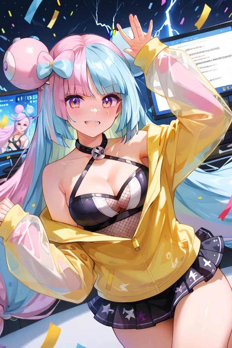 (best quality), 1girl, off shoulder
ichika, hairclip, heart ahoge, headset, default_outfit, 573_clasp, hoodie, black thighhighs, asymmetrical legwear, striped thighhighs, shoes <lyco:ichika-05:0.9>
swimwear under clothes