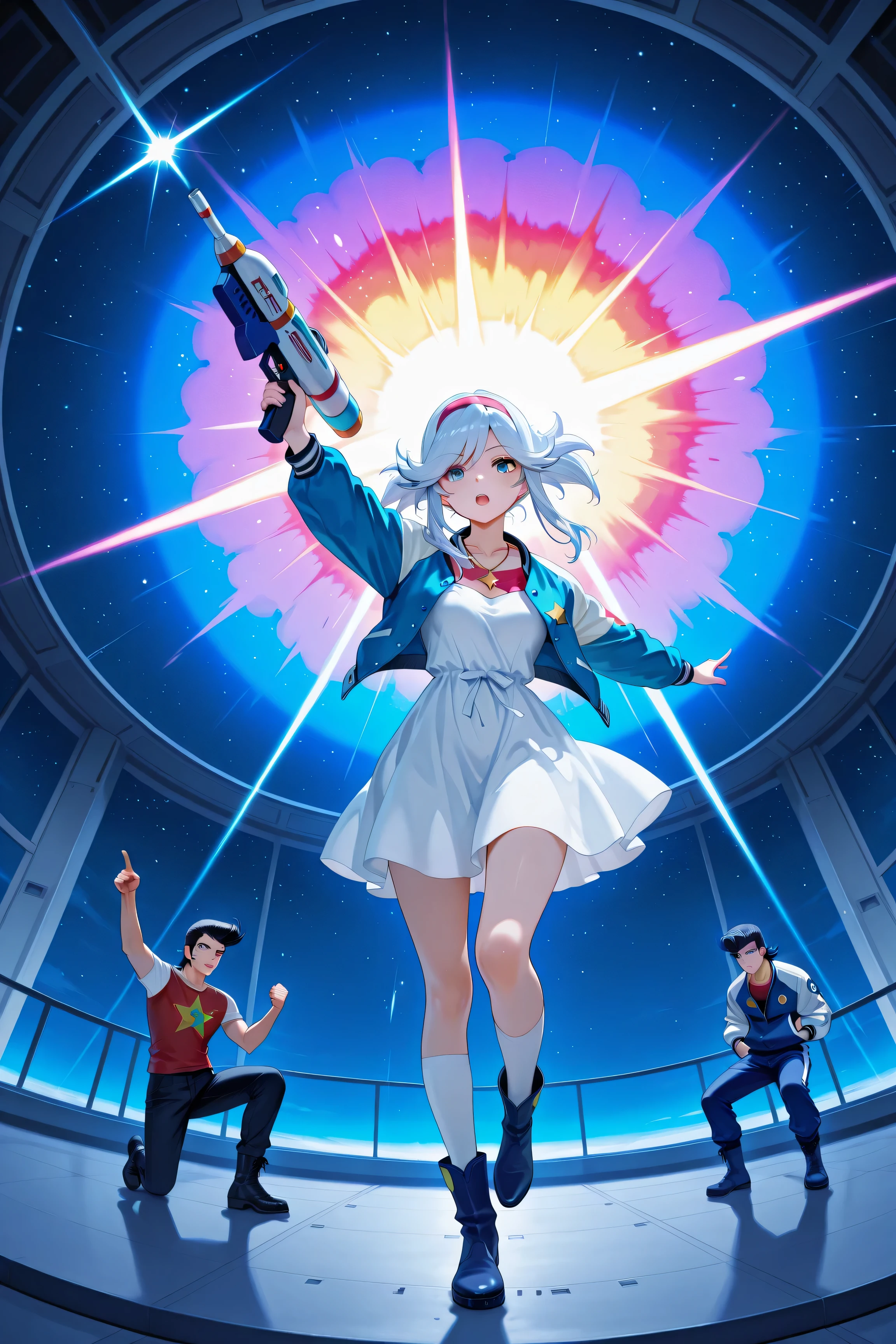 score_9, score_8_up, score_7_up, masterpiece, best quality, perfect facial features, highest resolution, 8k, amazing quality, detailed eyes, clear eyes, dynamic composition, dynamic pose, face clearly visible, whole body, low angle, 1girl 1man, two people, space dandy, dandy \(space dandy\),pompadour,black hair,sideburns,letterman jacket,red shirt,necklace, BREAK kanbn, White to blue hair, bright blue eyes, Wearing a White Dress,There are gold stars on the skirt, white sleeves , White Over The Knee Socks, dark blue boots , with a gold star pendant around her neck, White to Blue Hair, bright blue eyes, BREAK Pointing at the front of the screen, full body, dynamic pose, dynamic composition, space-like pose, holding a space gun, top angle, face-forward pose, acrobatic composition, weightlessness, falling pose, striking a pose while falling, floating pose, space, space explosion, inside a spaceship, space colors, flashy atmosphere, colorful atmosphere, colorful explosion, colorful blast,