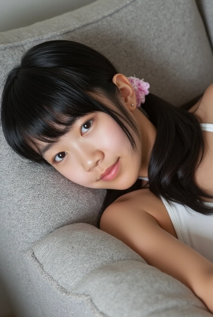 highest quality, High resolution, realistic pictures, detailed skin texture, Cute 12 year old Japan girls, view audience, slim body shape, charming gaze, Fair skin, baby face, (flat chest:1.2), long straight hair, (loli:1.2), smile showing teeth, in bed by the window, Short, off-the-shoulder white camisole