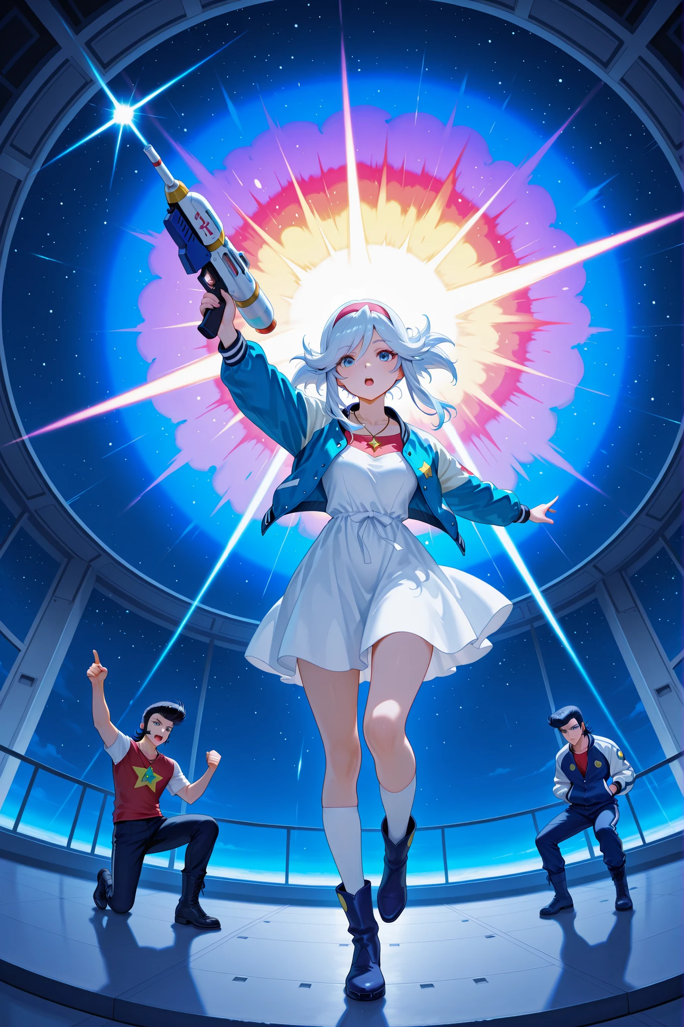 score_9, score_8_up, score_7_up, masterpiece, best quality, perfect facial features, highest resolution, 8k, amazing quality, detailed eyes, clear eyes, dynamic composition, dynamic pose, face clearly visible, whole body, low angle, 1girl 1man, two people, space dandy, dandy \(space dandy\),pompadour,black hair,sideburns,letterman jacket,red shirt,necklace, BREAK kanbn, White to blue hair, bright blue eyes, Wearing a White Dress,There are gold stars on the skirt, white sleeves , White Over The Knee Socks, dark blue boots , with a gold star pendant around her neck, White to Blue Hair, bright blue eyes, BREAK Pointing at the front of the screen, full body, dynamic pose, dynamic composition, space-like pose, holding a space gun, top angle, face-forward pose, acrobatic composition, weightlessness, falling pose, striking a pose while falling, floating pose, space, space explosion, inside a spaceship, space colors, flashy atmosphere, colorful atmosphere, colorful explosion, colorful blast,