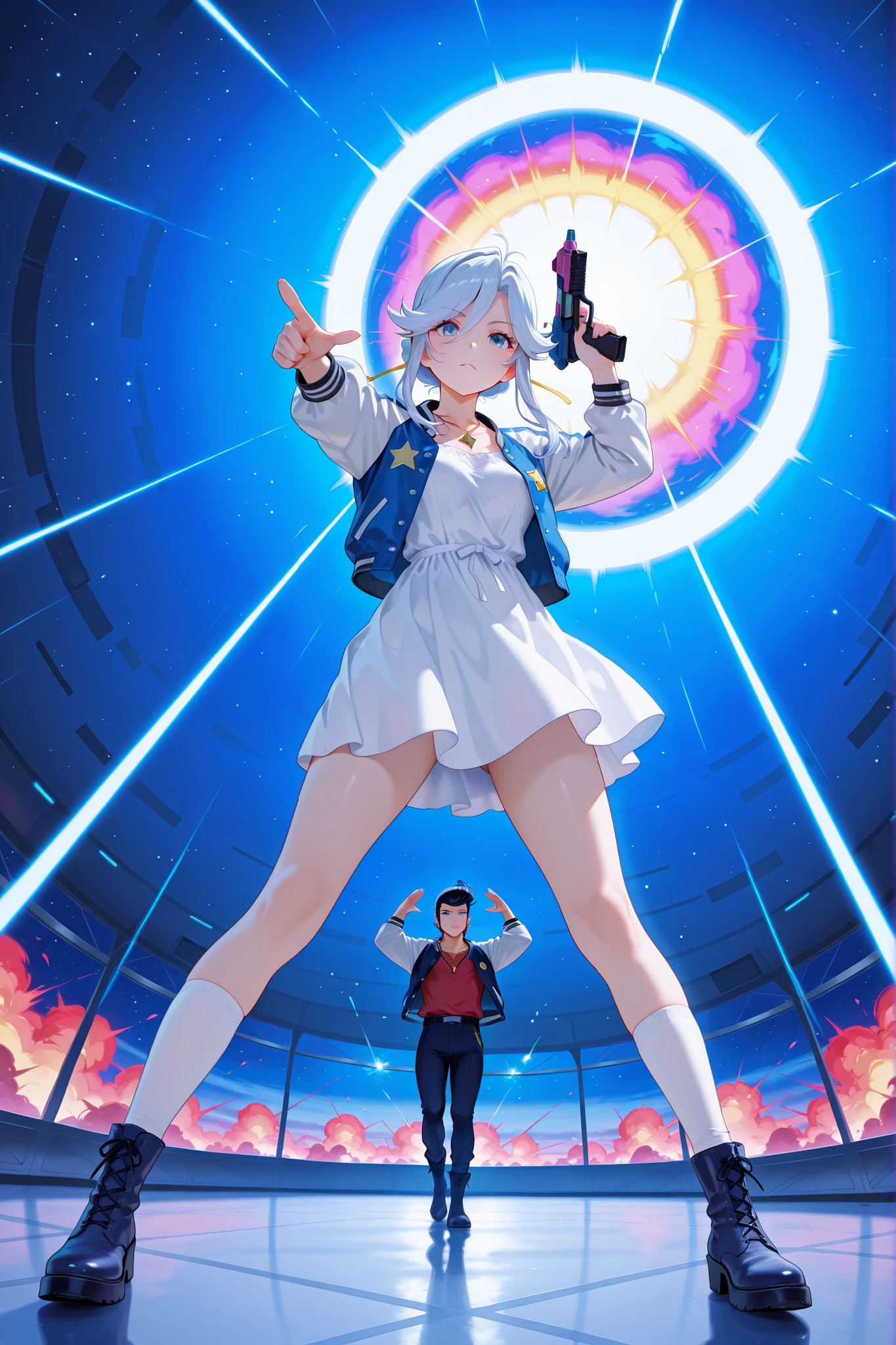 score_9, score_8_up, score_7_up, masterpiece, best quality, perfect facial features, highest resolution, 8k, amazing quality, detailed eyes, clear eyes, dynamic composition, dynamic pose, face clearly visible, whole body, low angle, 1girl 1man, two people, space dandy, dandy \(space dandy\),pompadour,black hair,sideburns,letterman jacket,red shirt,necklace, BREAK kanbn, White to blue hair, bright blue eyes, Wearing a White Dress,There are gold stars on the skirt, white sleeves , White Over The Knee Socks, dark blue boots , with a gold star pendant around her neck, White to Blue Hair, bright blue eyes, BREAK Pointing at the front of the screen, full body, dynamic pose, dynamic composition, space-like pose, holding a space gun, top angle, face-forward pose, acrobatic composition, weightlessness, falling pose, striking a pose while falling, floating pose, space, space explosion, inside a spaceship, space colors, flashy atmosphere, colorful atmosphere, colorful explosion, colorful blast,