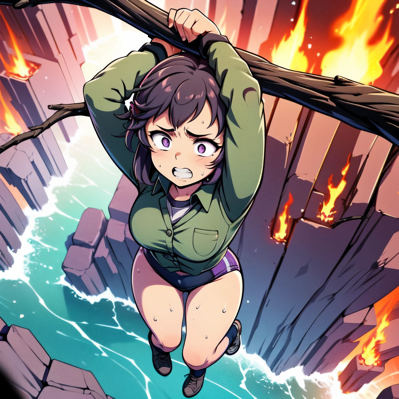 masterpiece,best quality,highly detailed,1girl,solo,scared,raised eyebrows,constricted pupils,surprised,clenched teeth,sweat,sweatdrop,purple eyes,black hair,long hair,lycoris uniform,green ribbon,long sleeves,black gymnastics bloomers,high leg,self wedgie,collared shirt,kneehighs,
BREAK
(((hanging from branch in high position, arms up))),hanging from branch,holding branch,grabbing branch,close-up,outdoors,foreshortening,perspective,from above,scenery,(((fire,lave, fire storm,))),
