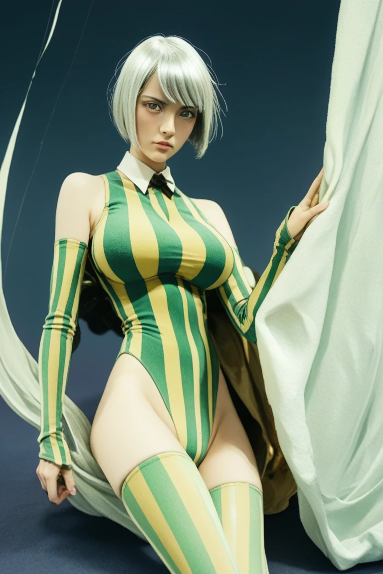 award winning photography, medium shot photo of beautiful girl ,
dark skin, yellow eyes, pony tail, grey hair,
beautiful face, make up,
elbow gloves, skirt, zettai ryouiki, thigh boots, cape,
standing, seducrive_pose, thick thigh, transparent pantyhose, cameltoe,
in studio, professional lighting, (realistic skin_details, sharp focus, eyes_focus, masterpiece,best quality,finely detailed,extremely detailed, realistic detail,clear_image,realistic, high_resolution,distinct_image:1.2) <lora:Villetta-000007:0.85>